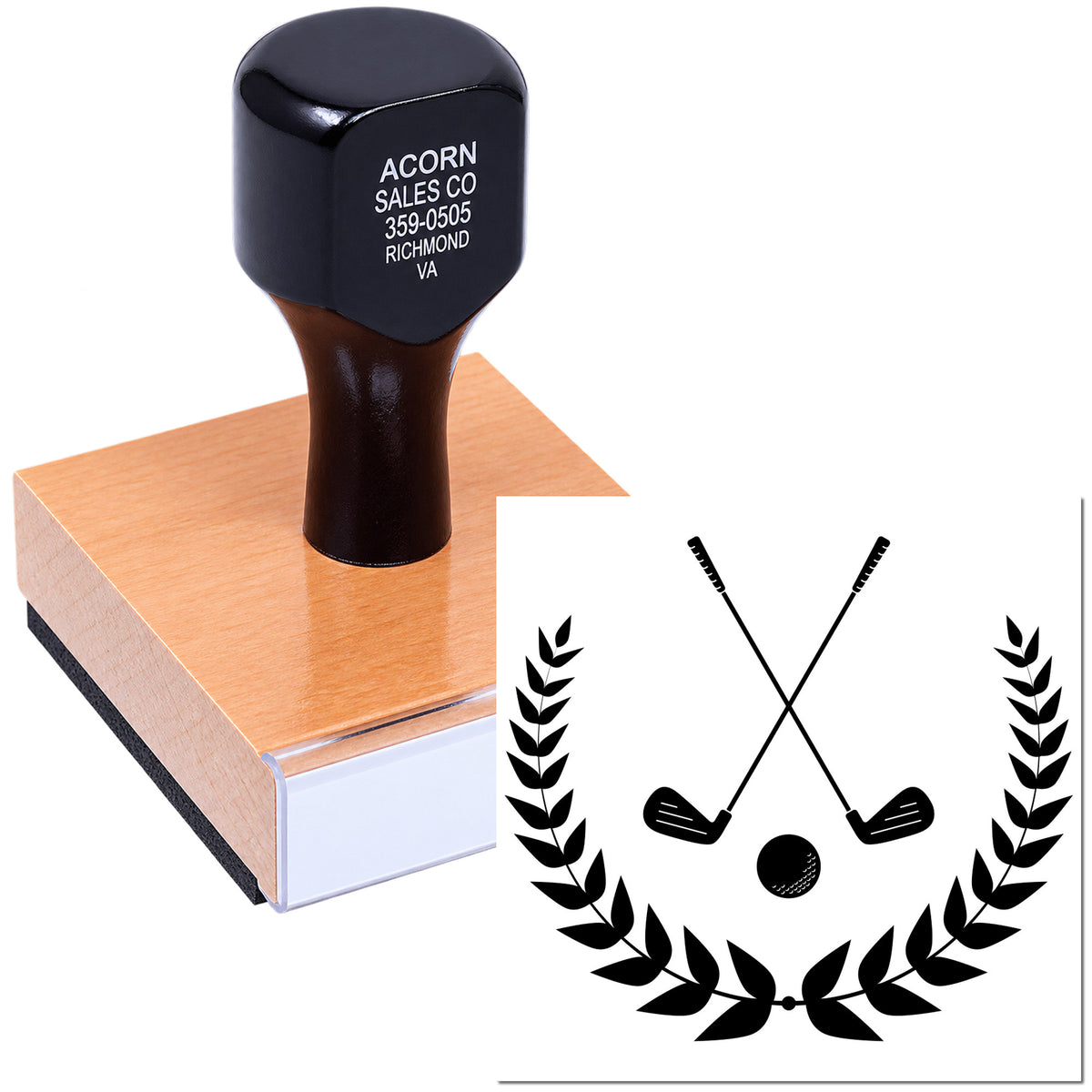 Custom rubber stamp with golf club logo and laurel design for sports branding and stationery.