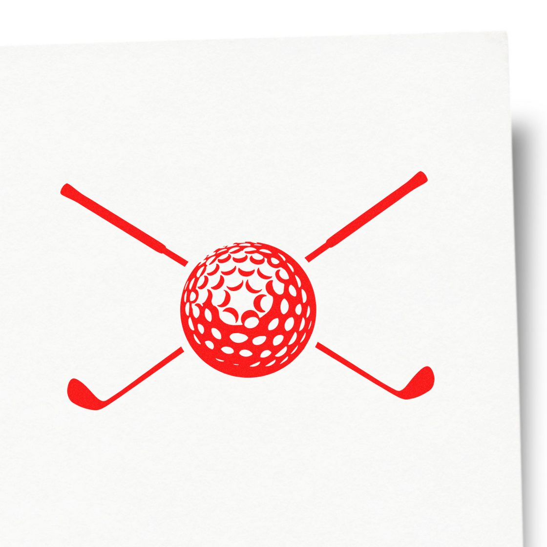 Red golf ball and crossed clubs rubber stamp design for golf club branding, custom merchandise, and sports events.