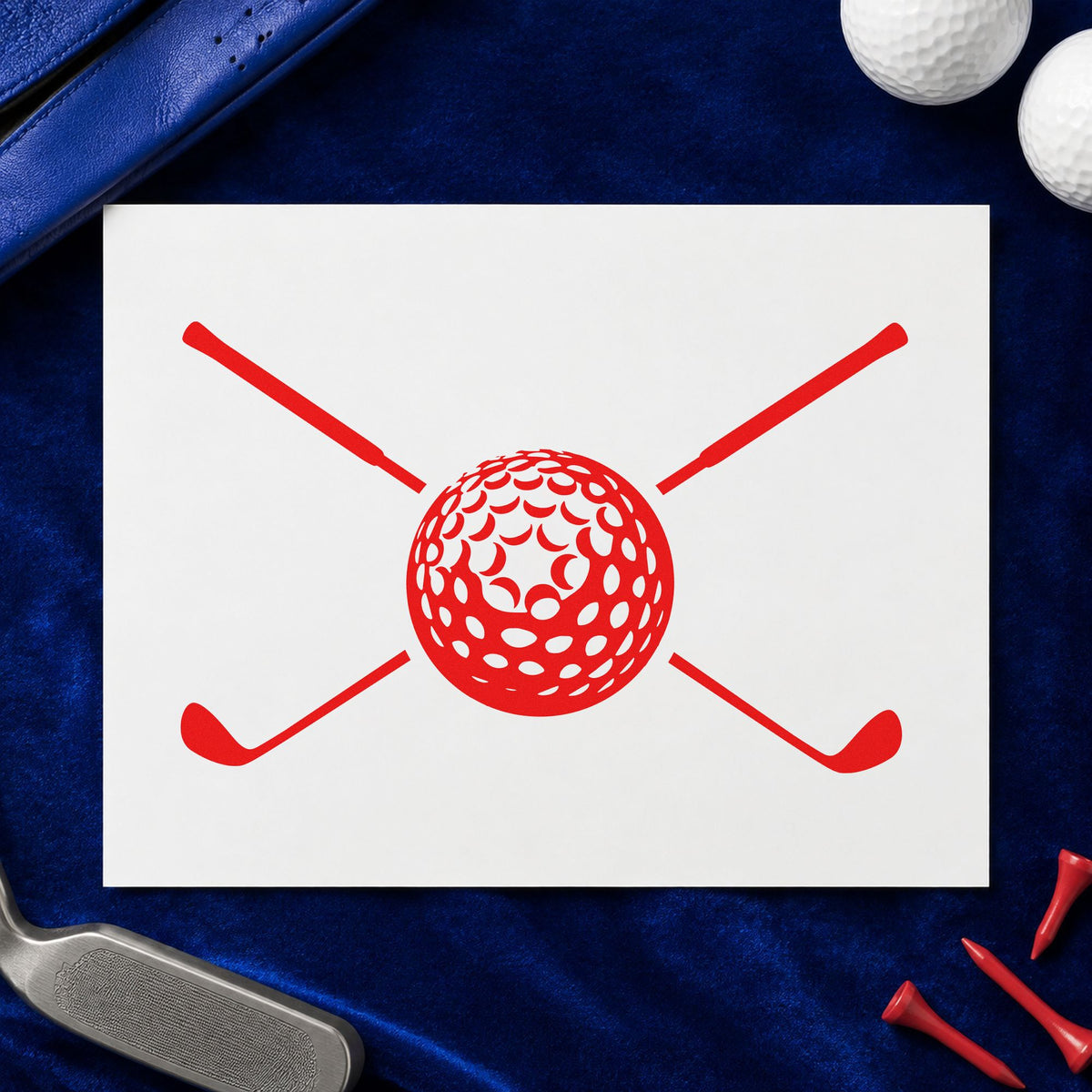 Golf Ball Crossed Clubs craft stamp imprint in red ink on a handmade project, one idea being proof note cards.