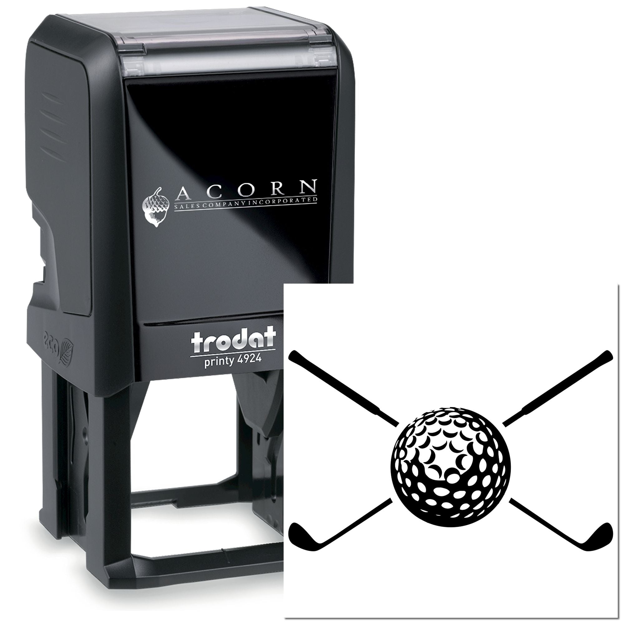 Custom self-inking Trodat Printy 4924 rubber stamp with golf ball logo for business branding.