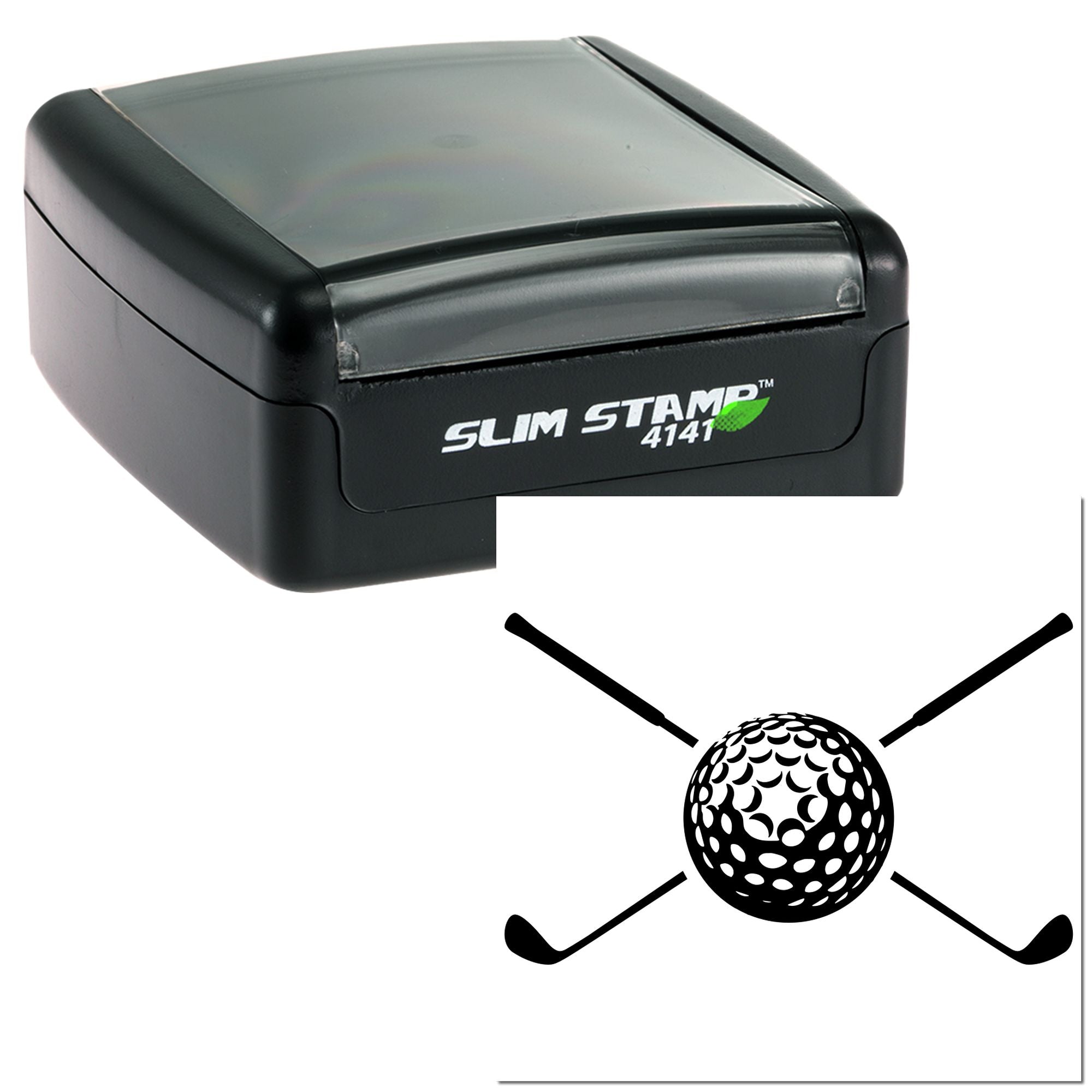 Slim Stamp 4141 self-inking rubber stamp with golf ball and clubs design