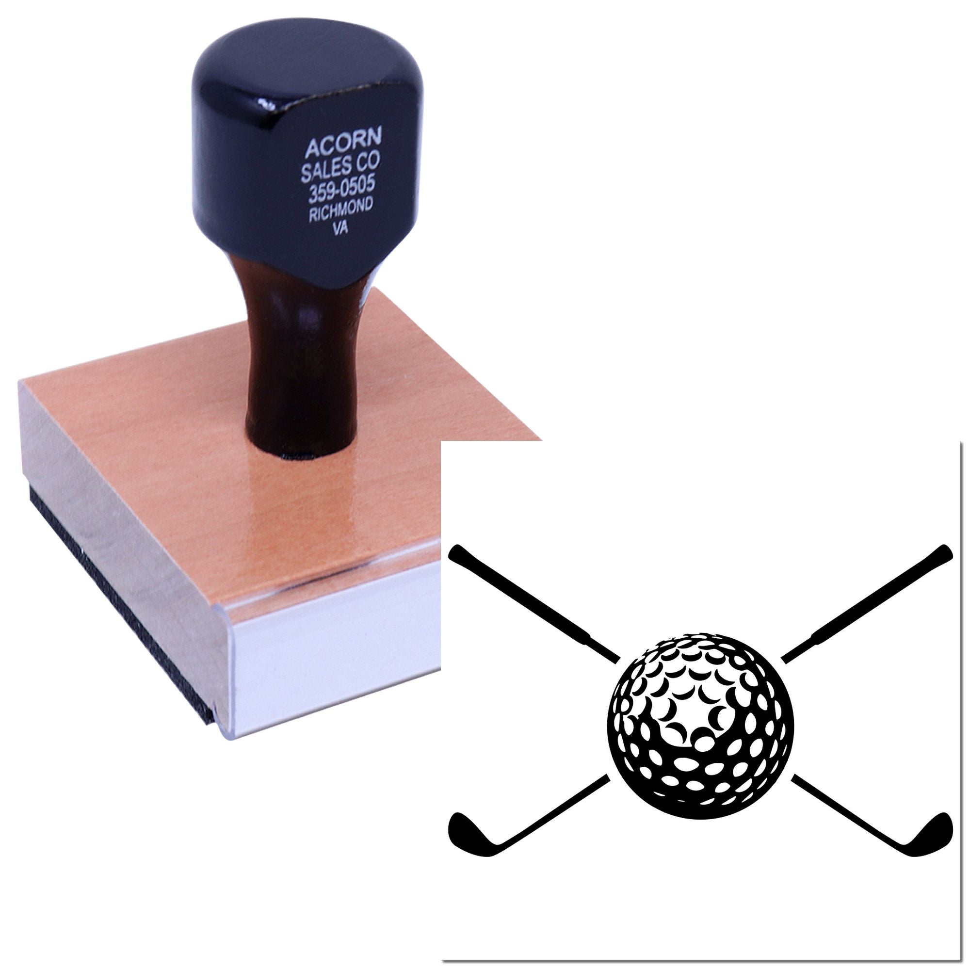 Custom rubber stamp with golf ball and clubs logo for business branding and personalized logo stamping.