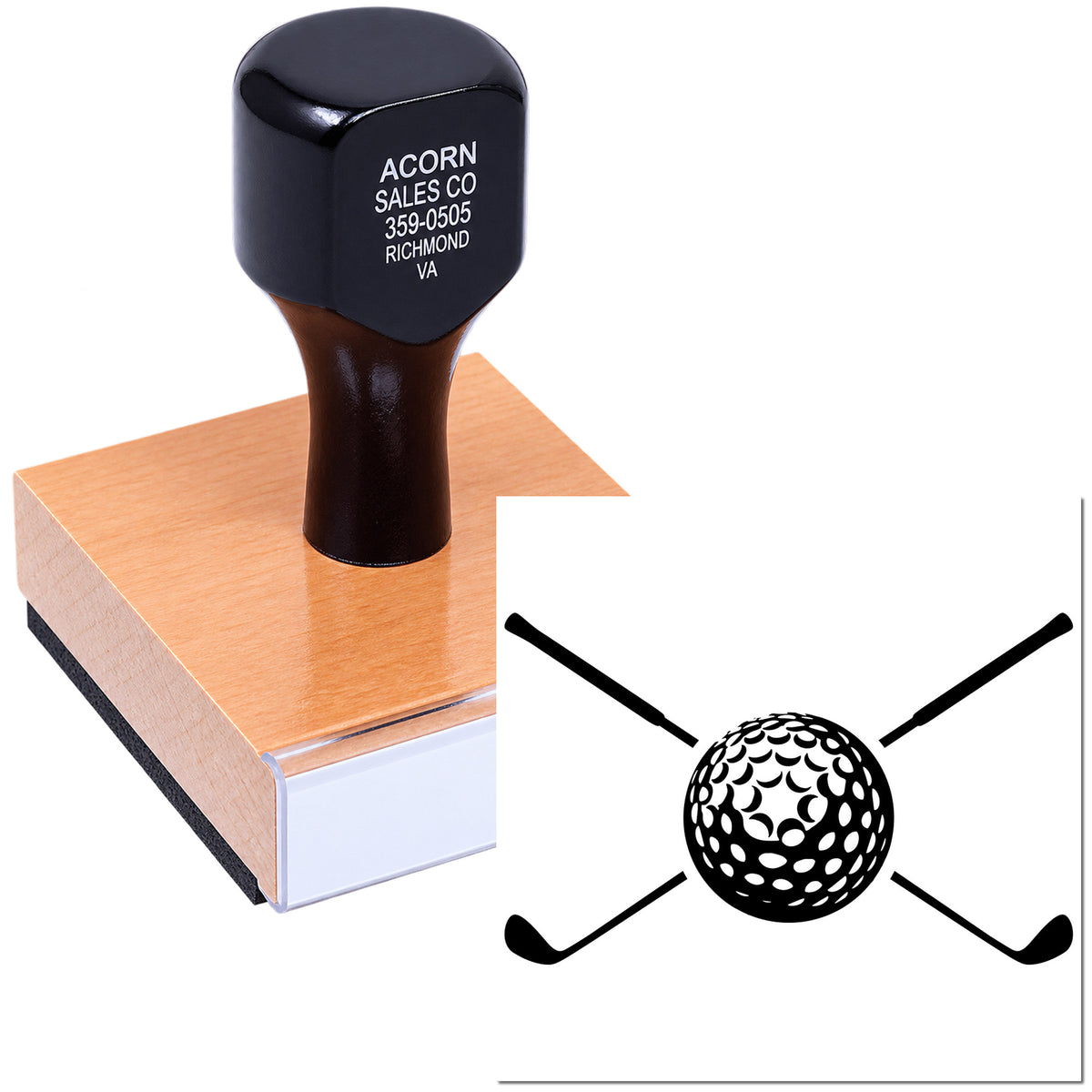 Custom rubber stamp with golf ball and clubs logo for business branding and personalized logo stamping.