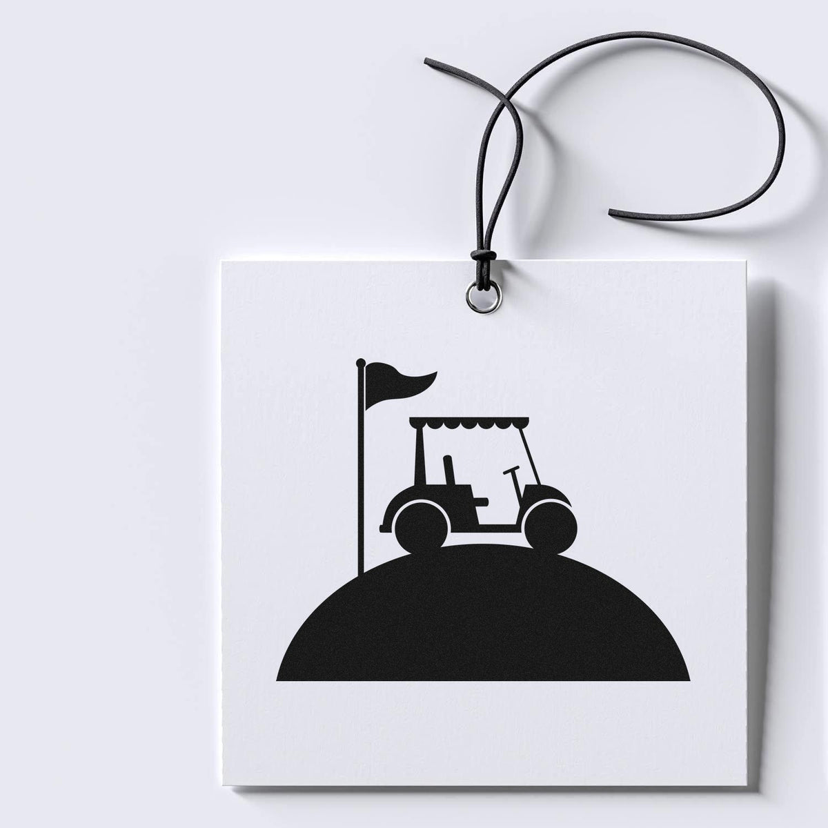 Custom rubber stamp with golf cart and flag icon, ideal for golf course branding, event stationery, or packaging.