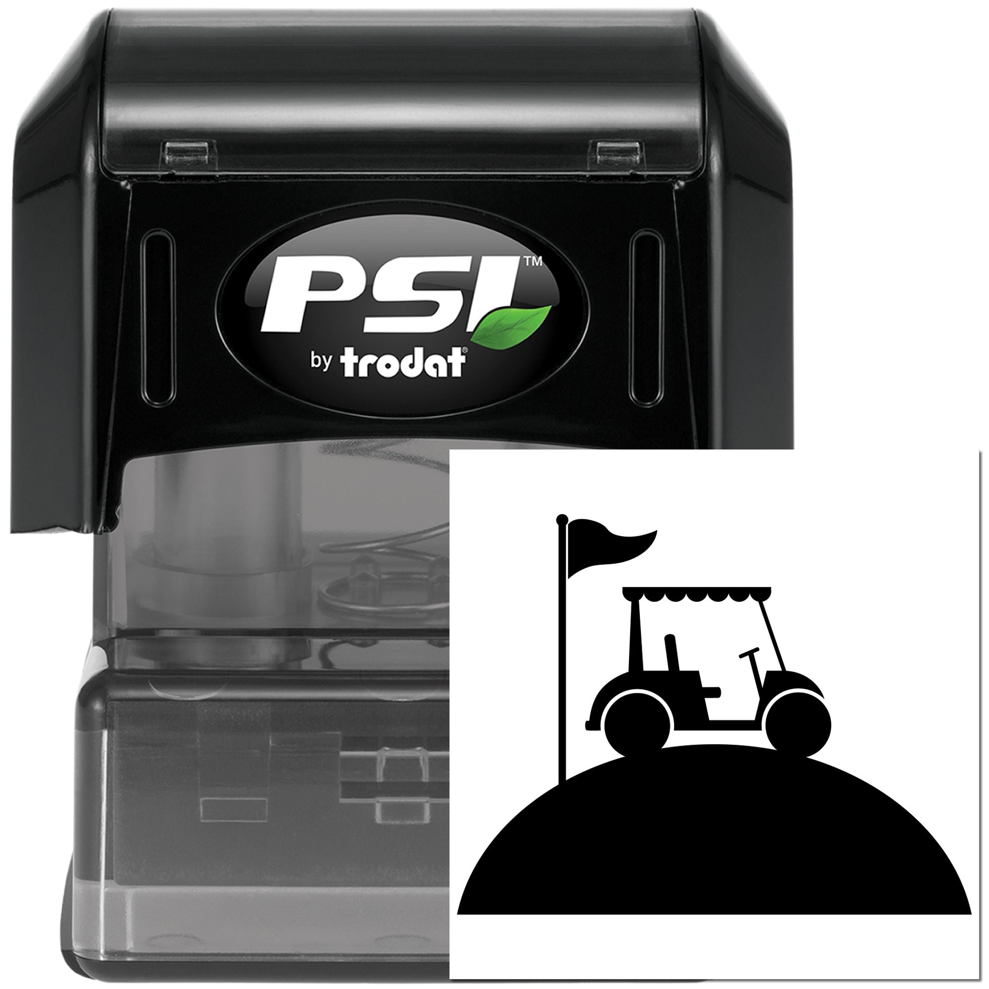 PSI by Trodat self-inking rubber stamp with golf cart icon for golf course and clubhouse marking.