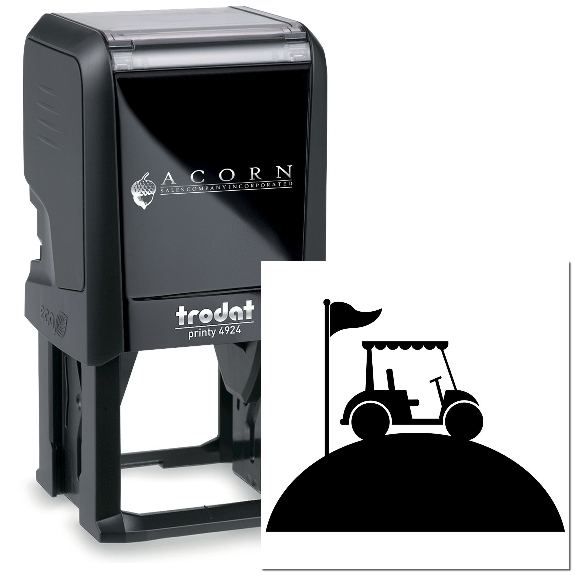 Custom Trodat Printy 4924 self-inking rubber stamp with golf cart logo, ideal for branded business marking.