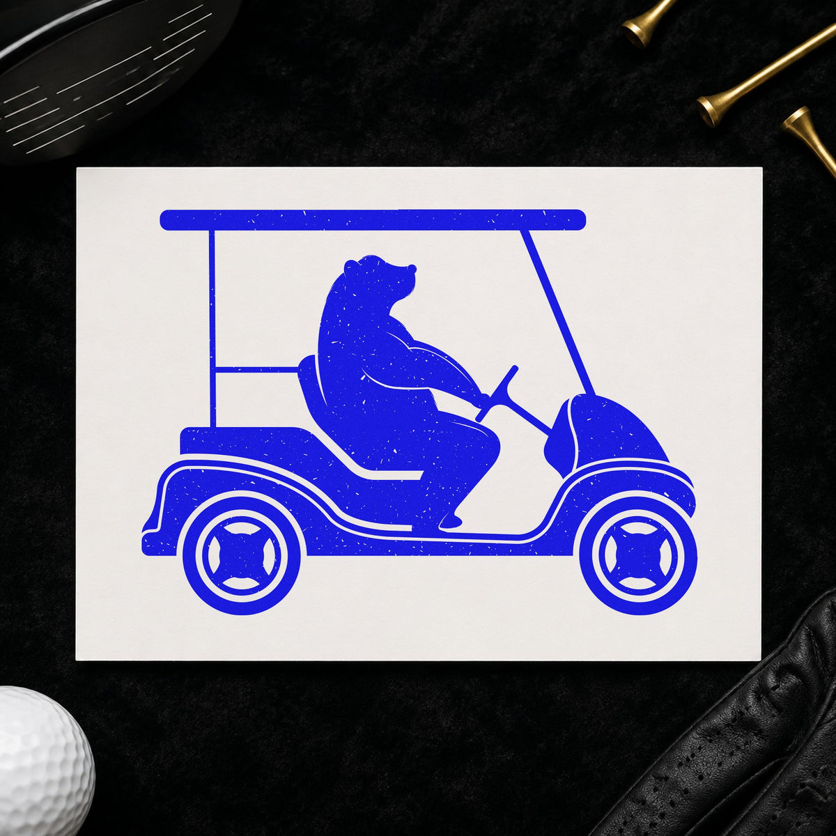 Bear Driving Golf Cart craft stamp in blue ink on cardstock, an easy option for cot blanket printing.
