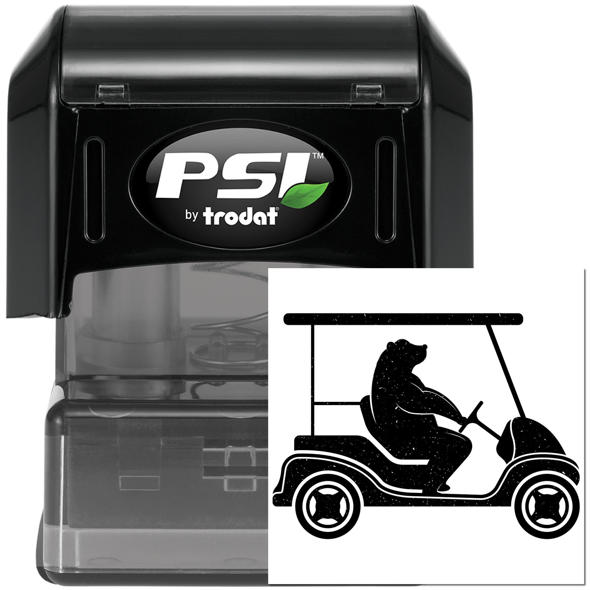 PSI by Trodat self-inking rubber stamp with golf cart design for custom logo marking and business branding.