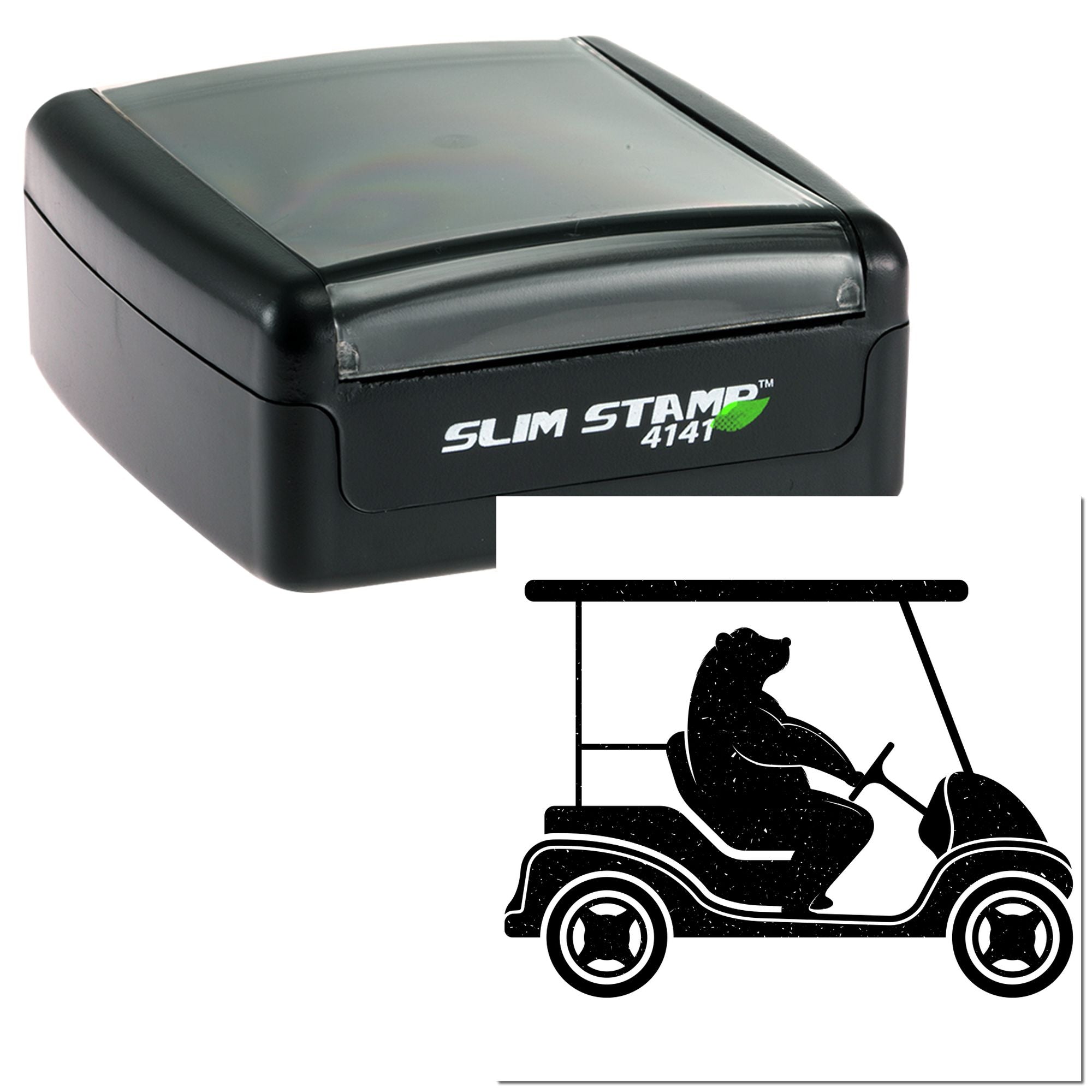 Slim Stamp 4141 self-inking rubber stamp with bear driving golf cart imprint, ideal for custom business branding.