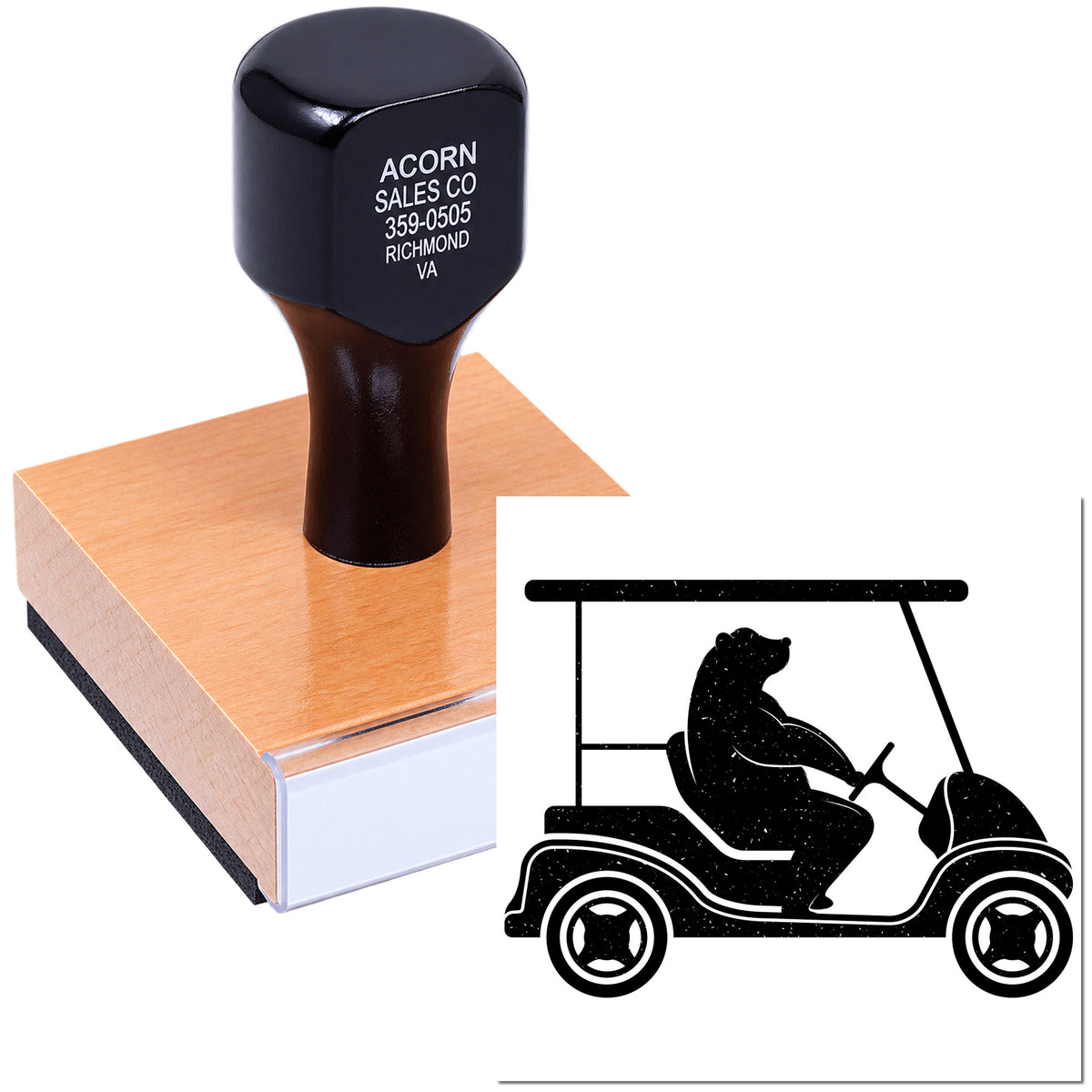 Custom rubber stamp with golf cart logo on wooden mount for business branding and promotional marking.