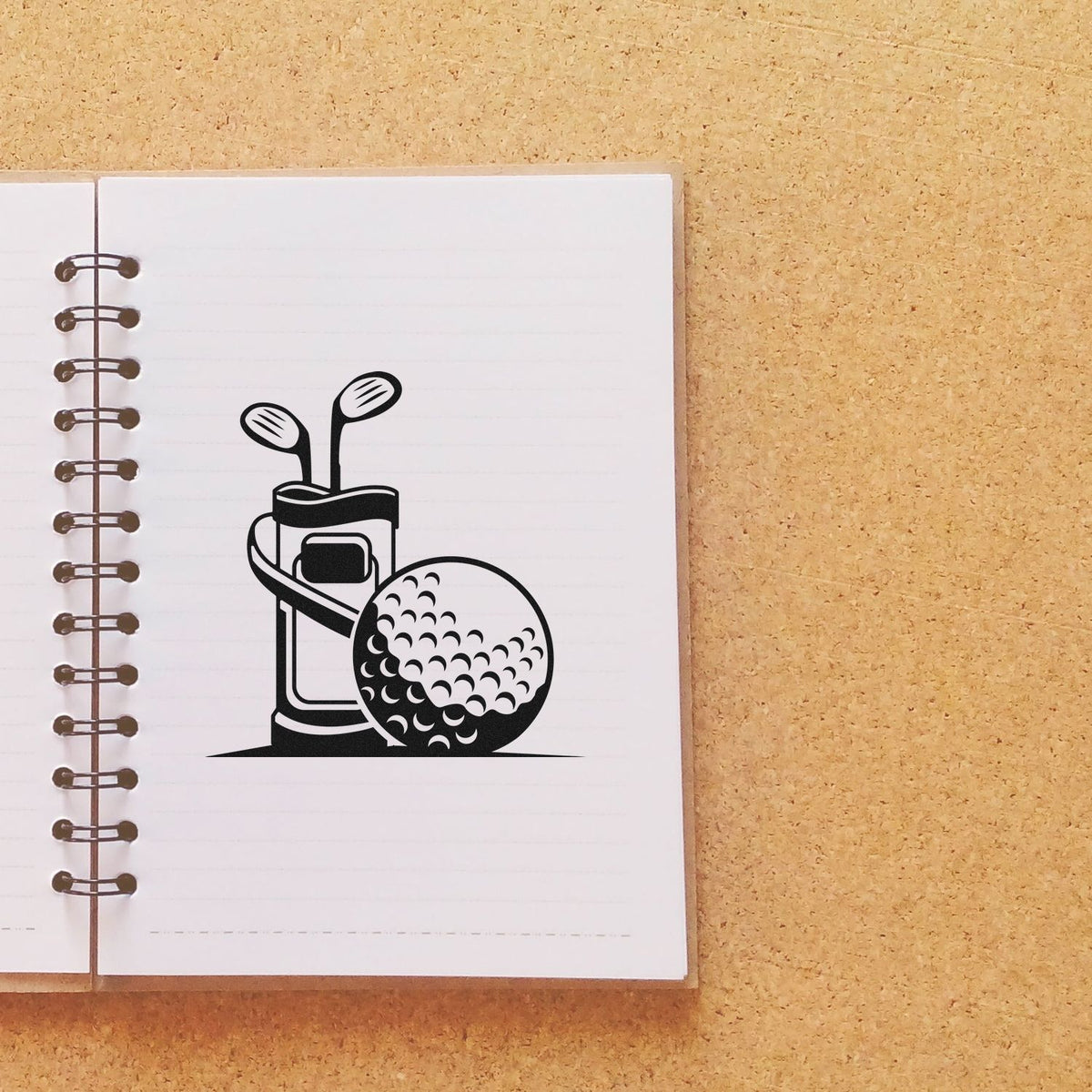 Golf Bag With Two Clubs And Ball Premium Wooden Stamp - Vintage Pro imprint stamped in black ink. A golf bag holding two clubs stands beside a large dimpled ball.
