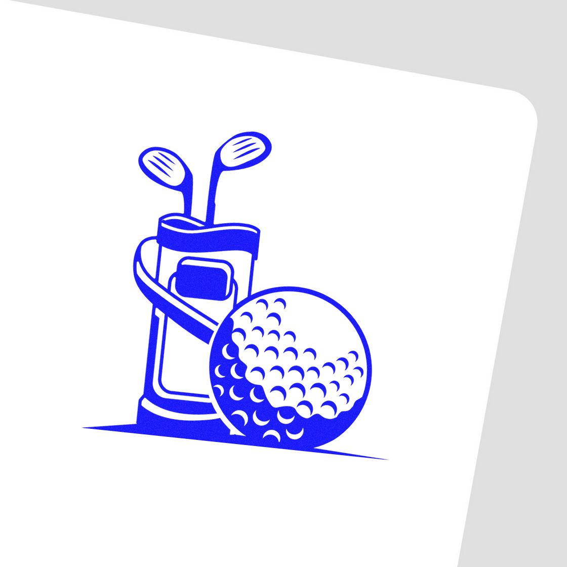 Blue golf bag with clubs and golf ball custom rubber stamp design for golf-themed stationery, branding, and crafts.