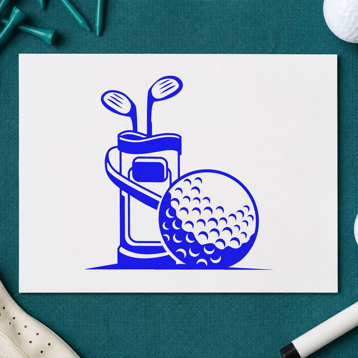 Golf Bag And Ball craft stamp imprinted in blue ink on paper, a design suited to framed depot bay.