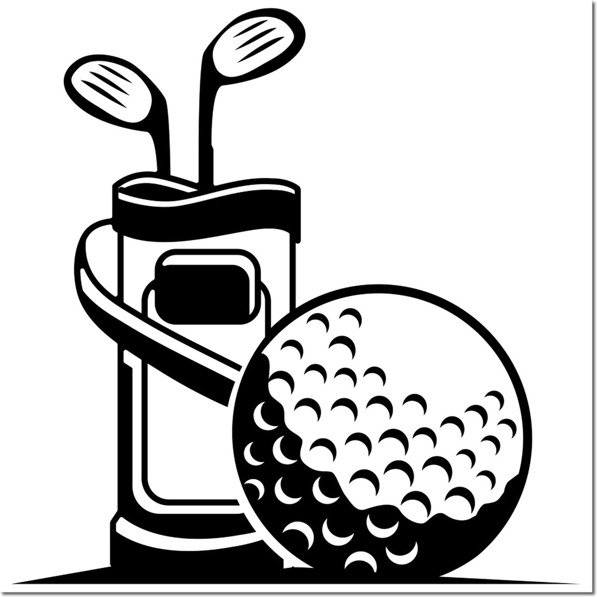 Golf bag and golf ball rubber stamp design, black-and-white vector icon for golf club branding and sports merchandise