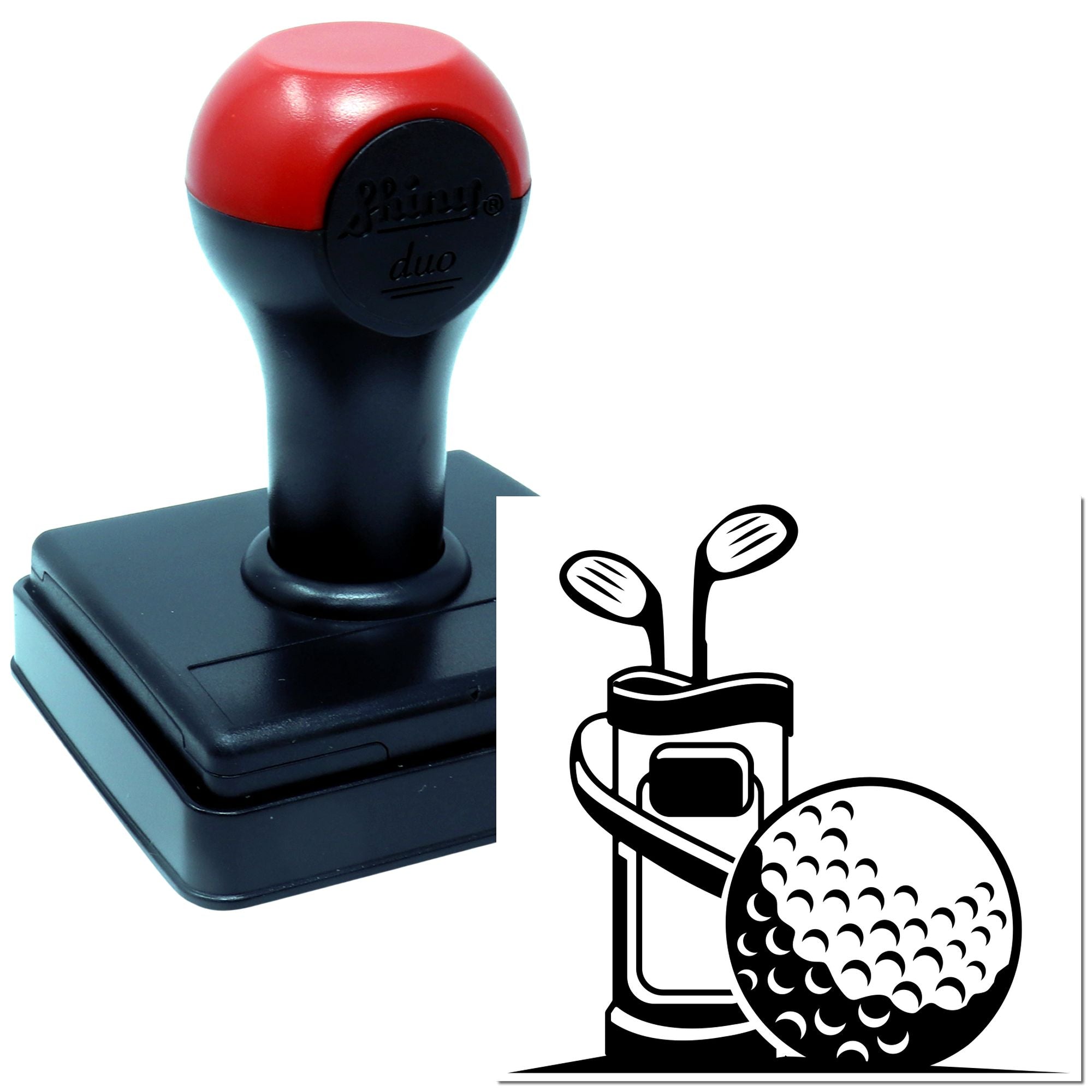 Self-inking golf rubber stamp with bag, clubs and golf ball logo for custom personalized imprinting.