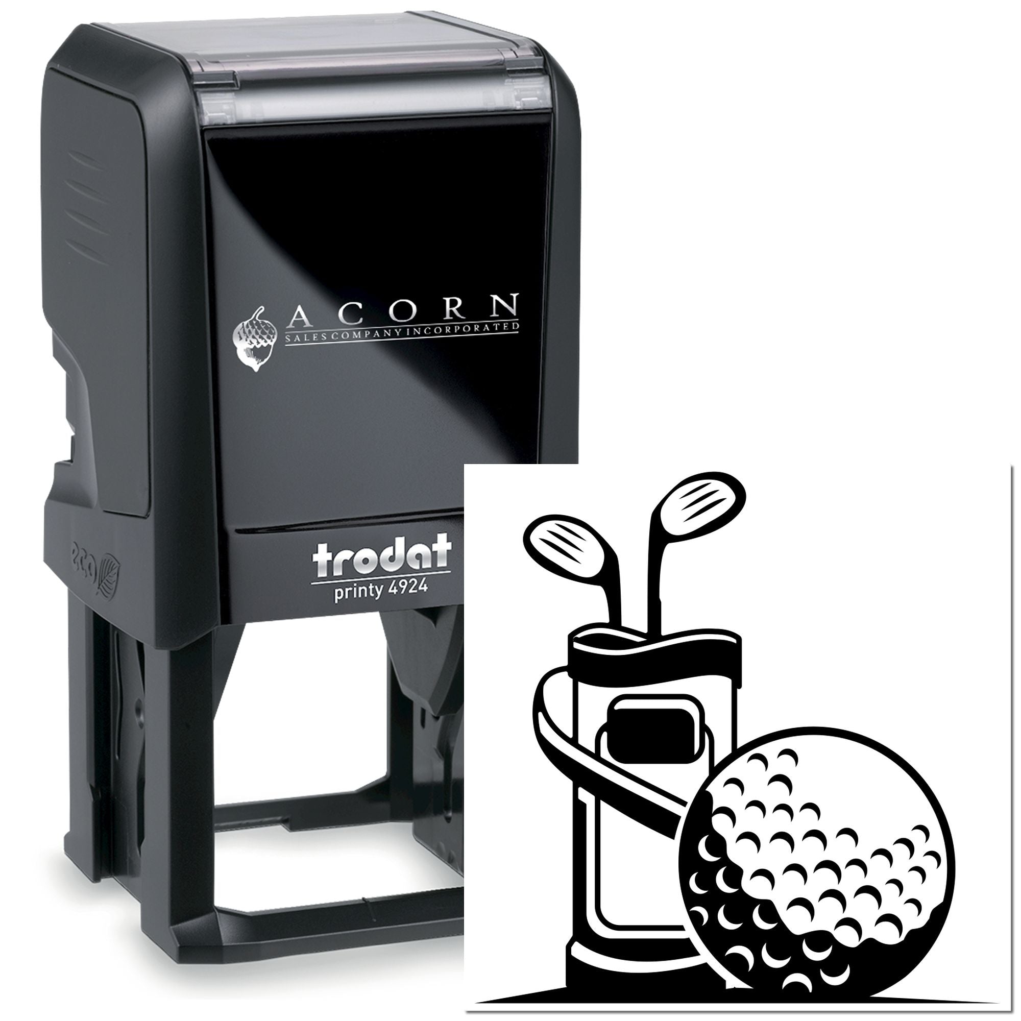 Custom Trodat Printy 4924 self-inking rubber stamp with Acorn Sales logo and golf-themed imprint for branded business use.