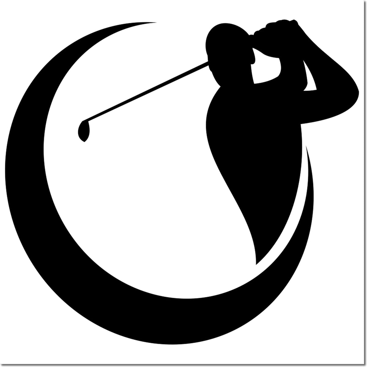 Golf golfer silhouette rubber stamp design of a player swinging a club with bold circular swoosh.