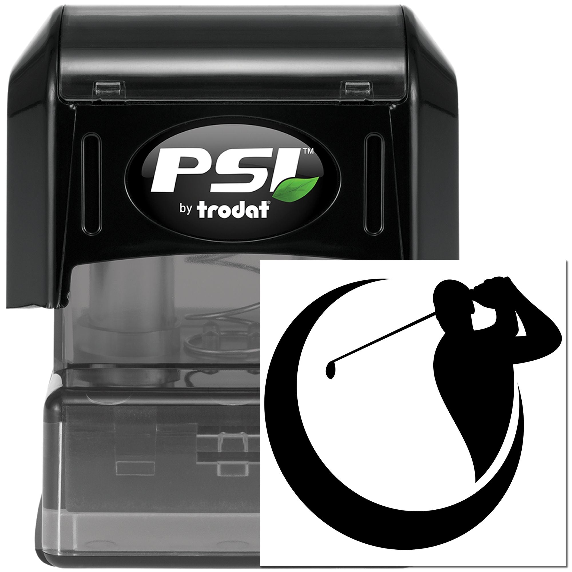 PSI by Trodat self-inking rubber stamp featuring a golfer silhouette logo for custom golf club branding