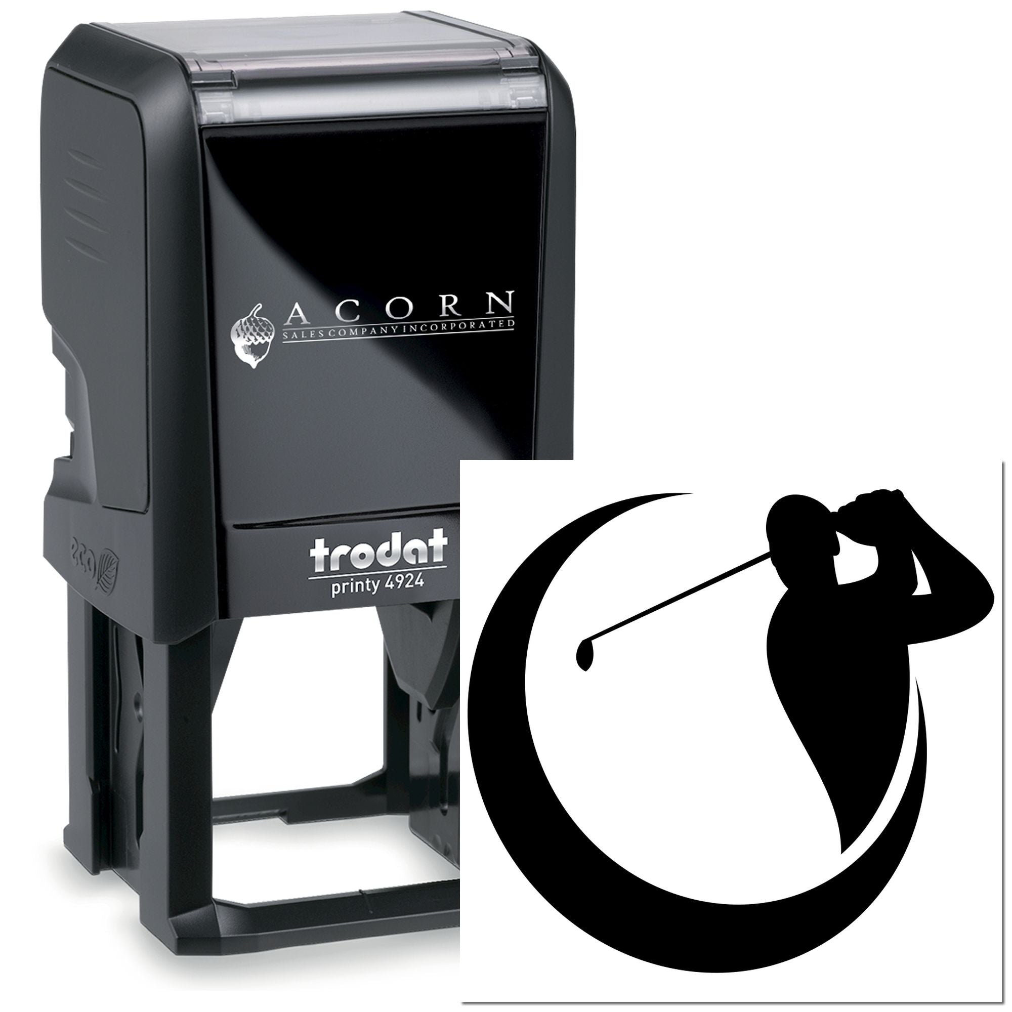 Custom self-inking rubber stamp featuring Acorn Sales Company logo and golfer silhouette for branded business marking.