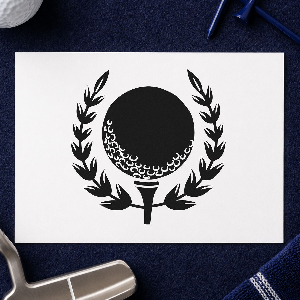 Golf Ball Tee Laurel craft stamp in black ink on cardstock, an easy option for seniors album page.