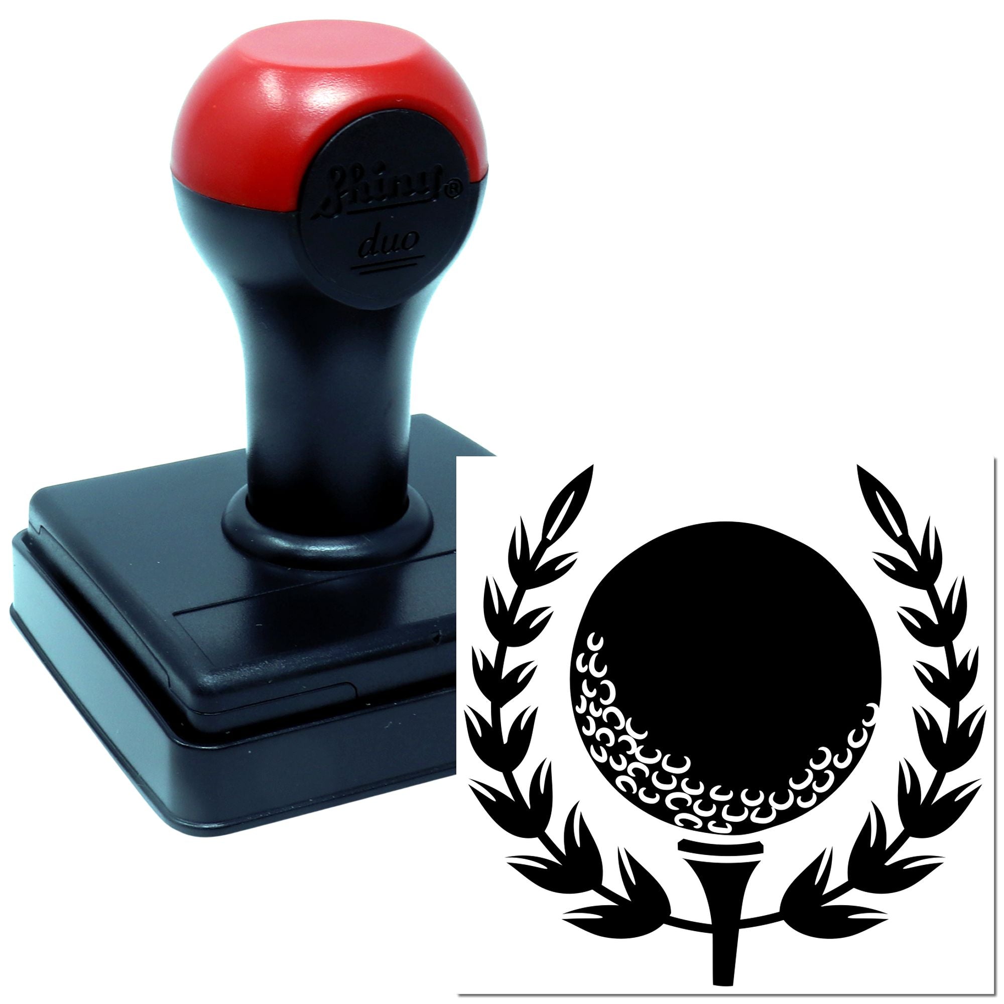 Custom rubber stamp with botanical wreath logo design, shown with stamp tool and sample imprint.