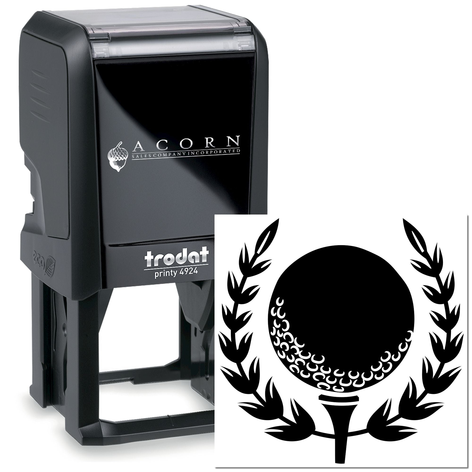 Custom self-inking rubber stamp with acorn logo design, ideal for business branding and office use.