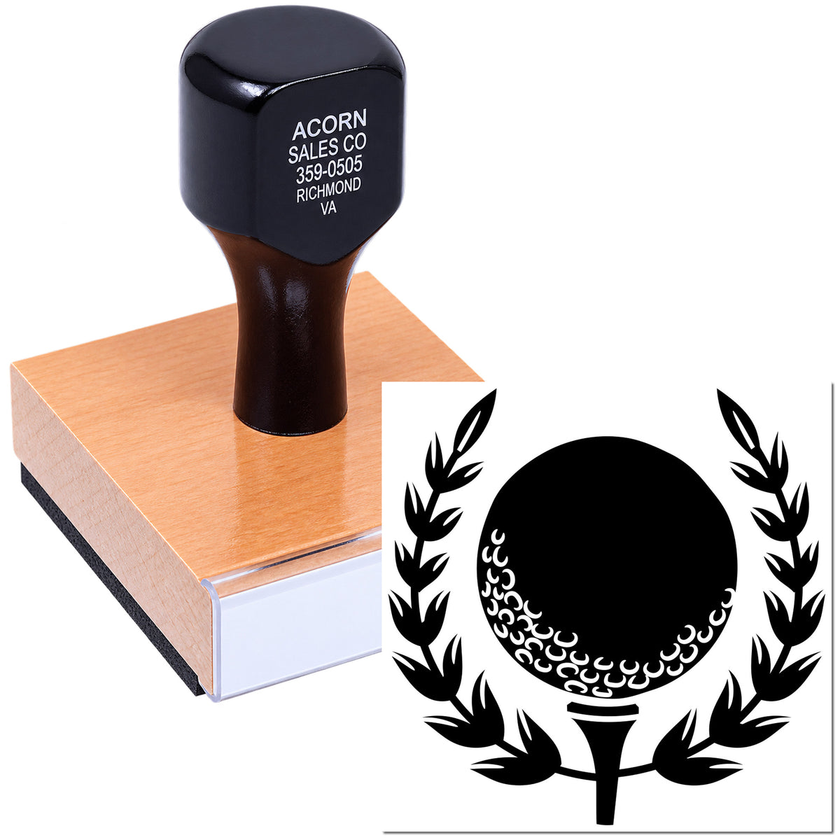 Personalized rubber stamp with laurel wreath logo for business branding, packaging, and document imprinting.