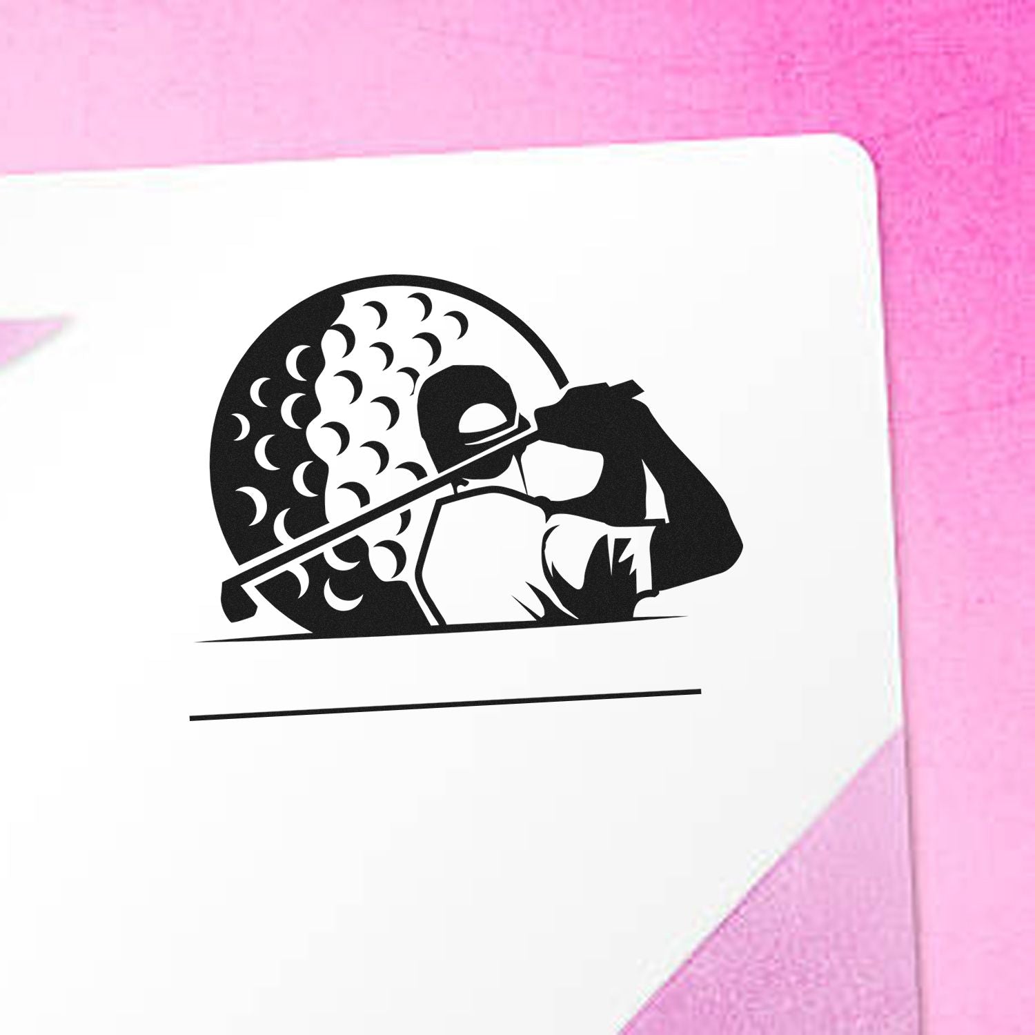 Custom golf rubber stamp design showing a golfer silhouette swinging a club with patterned golf ball backdrop.