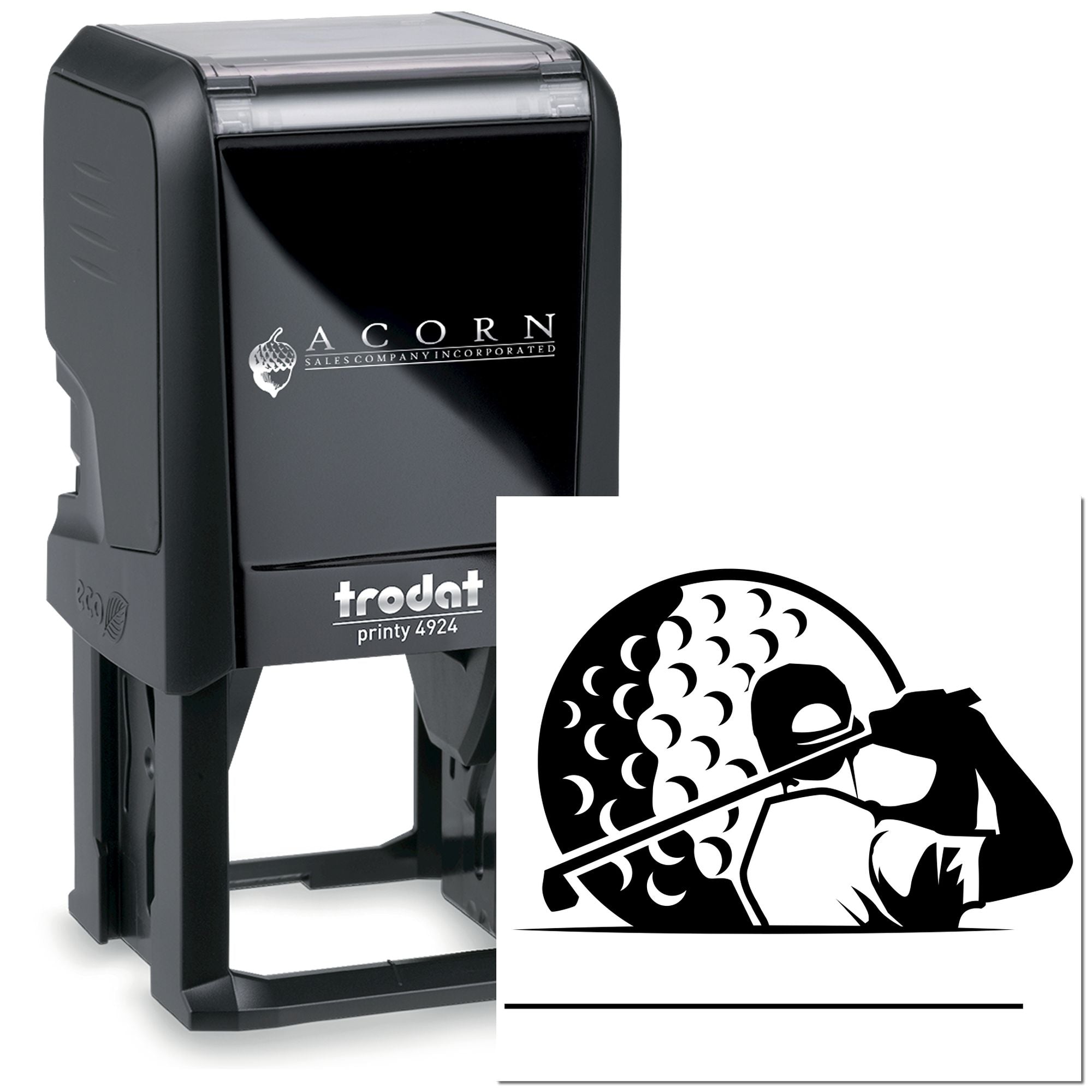 Custom self-inking rubber stamp, Trodat Printy 4924, with golf-themed logo imprint for business branding.
