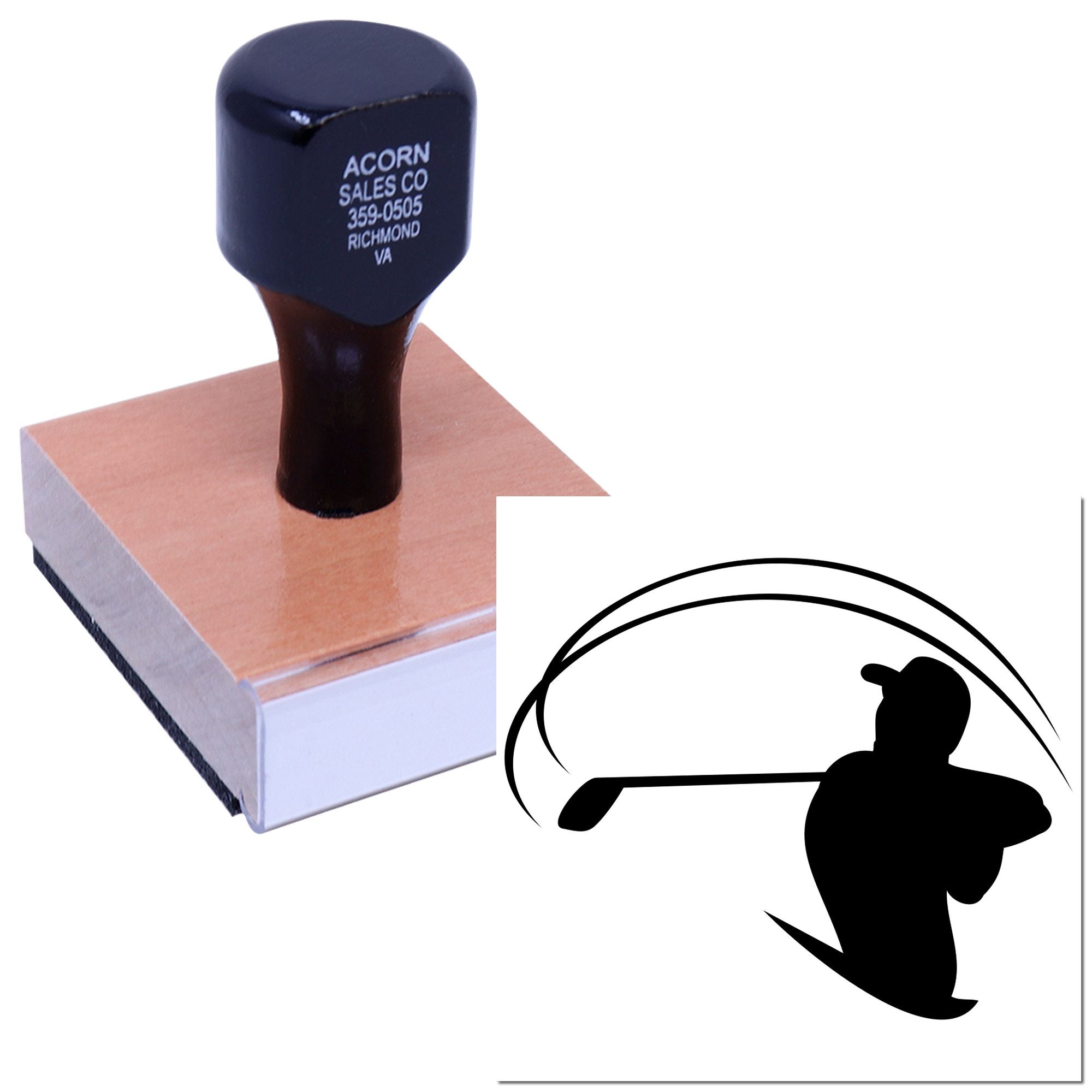 Custom rubber stamp with golfer silhouette logo, ideal for business branding and promotional impressions.