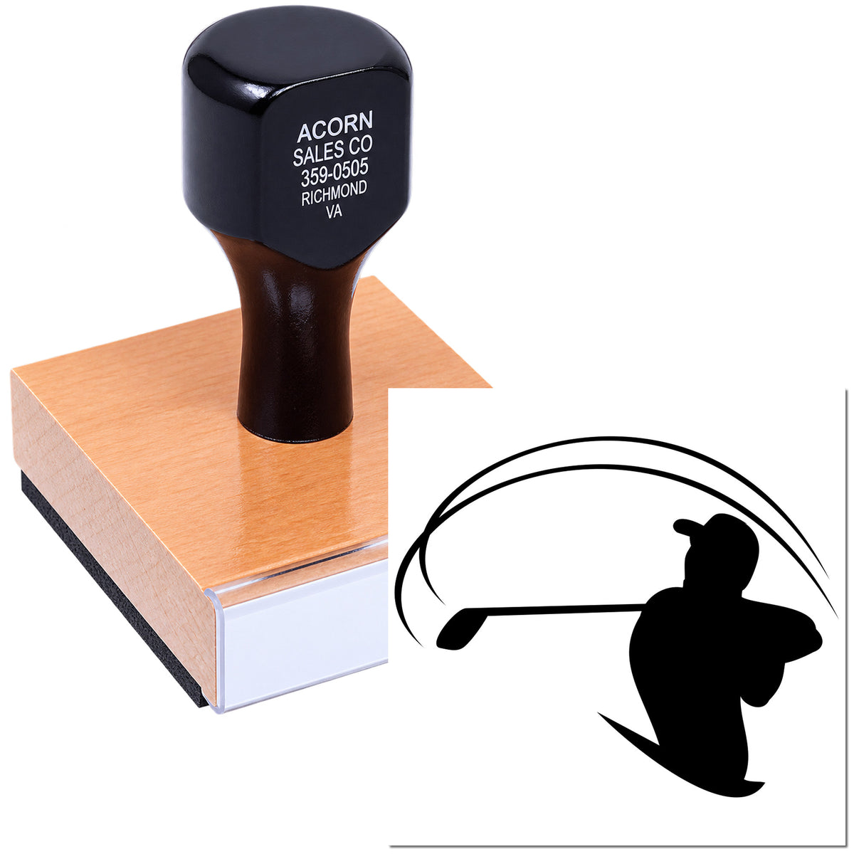 Custom rubber stamp with golfer silhouette logo, ideal for business branding and promotional impressions.