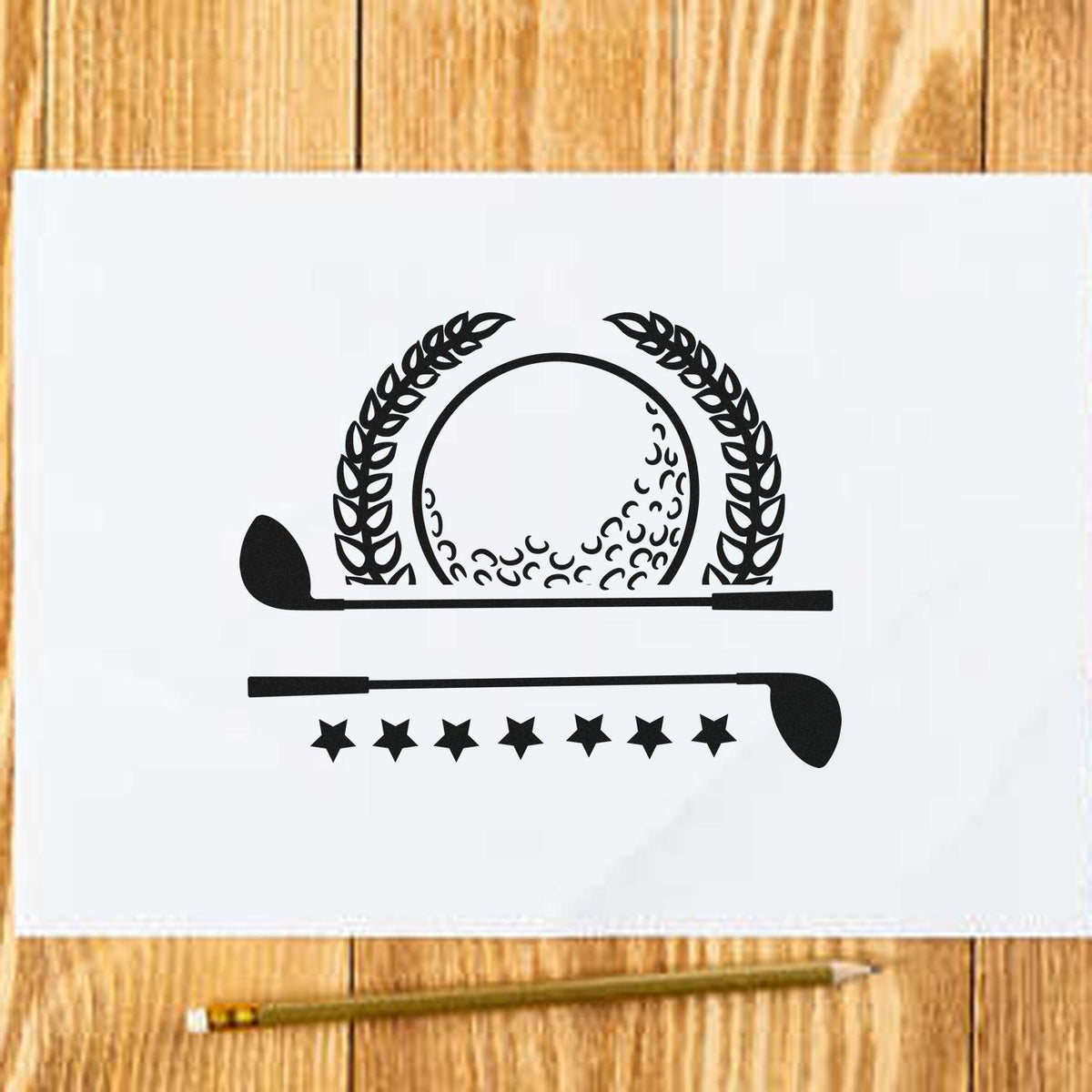 Custom golf rubber stamp design mockup with laurel wreath, crossed clubs and stars