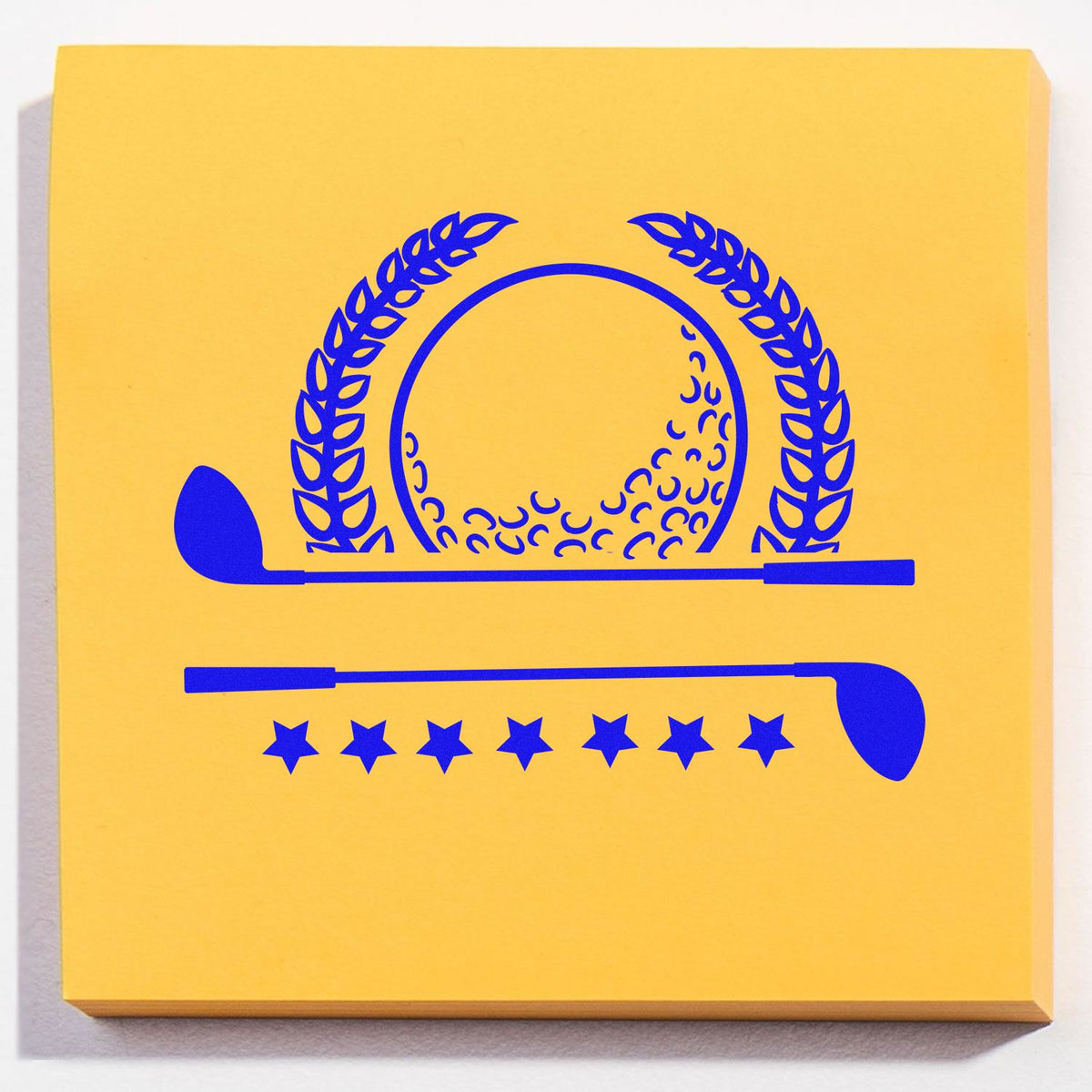 Rubber stamp design with golf club, laurel wreath, and stars on yellow pad for awards or tournament branding.