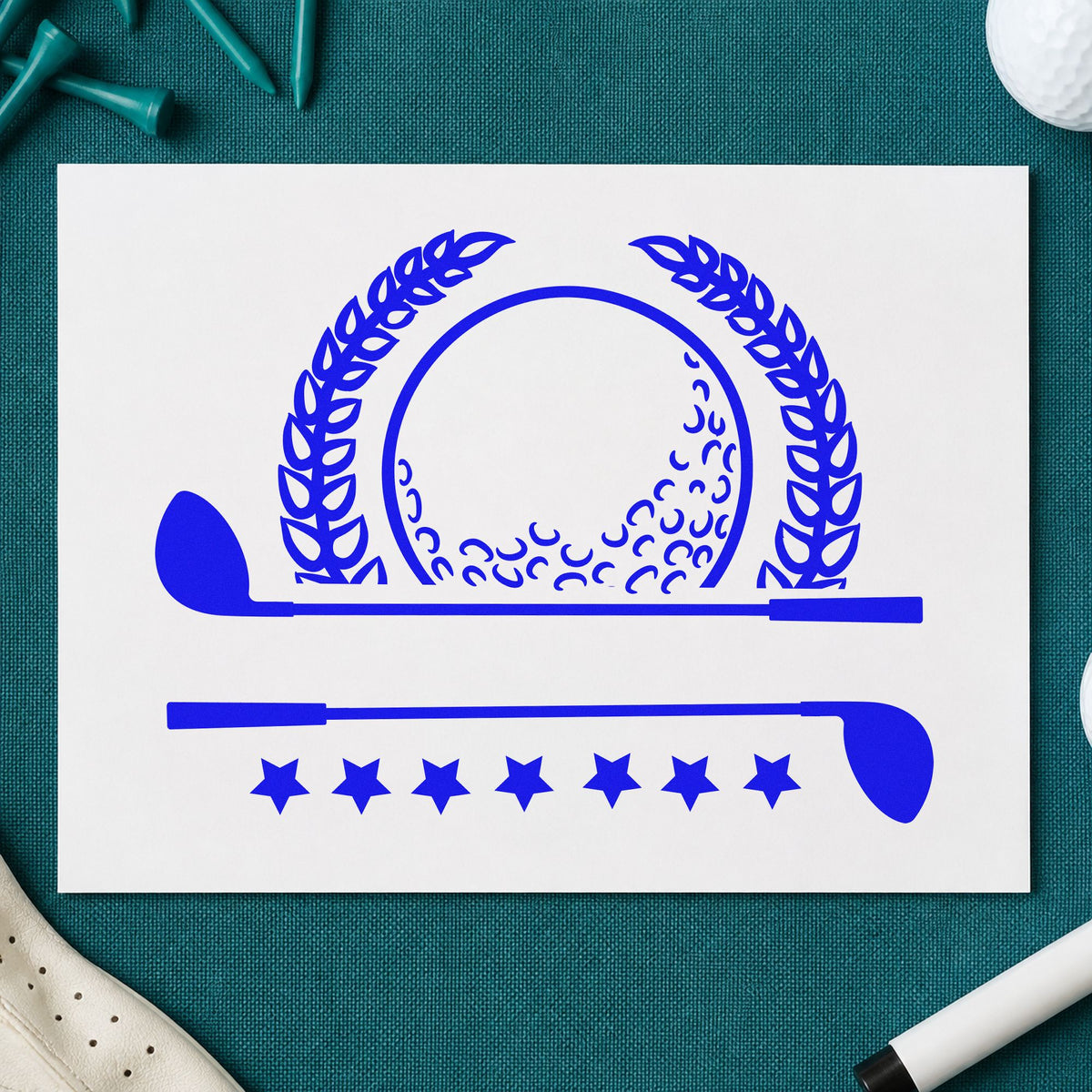 Golf Laurel Stars Banner craft stamp imprinted in blue ink on paper, a design suited to framed school case.