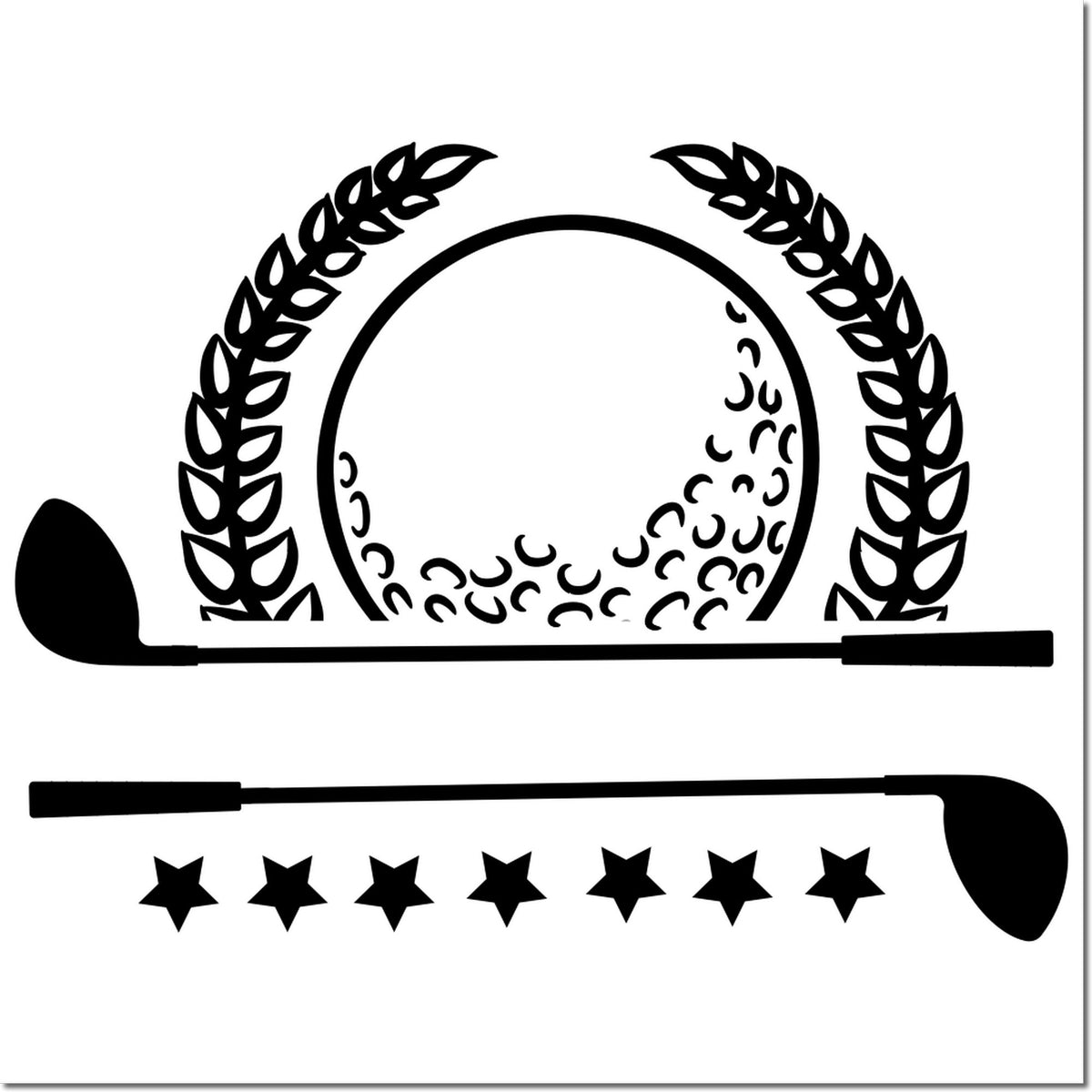 Golf club and ball rubber stamp design with laurel wreath, stars, and black silhouette logo.