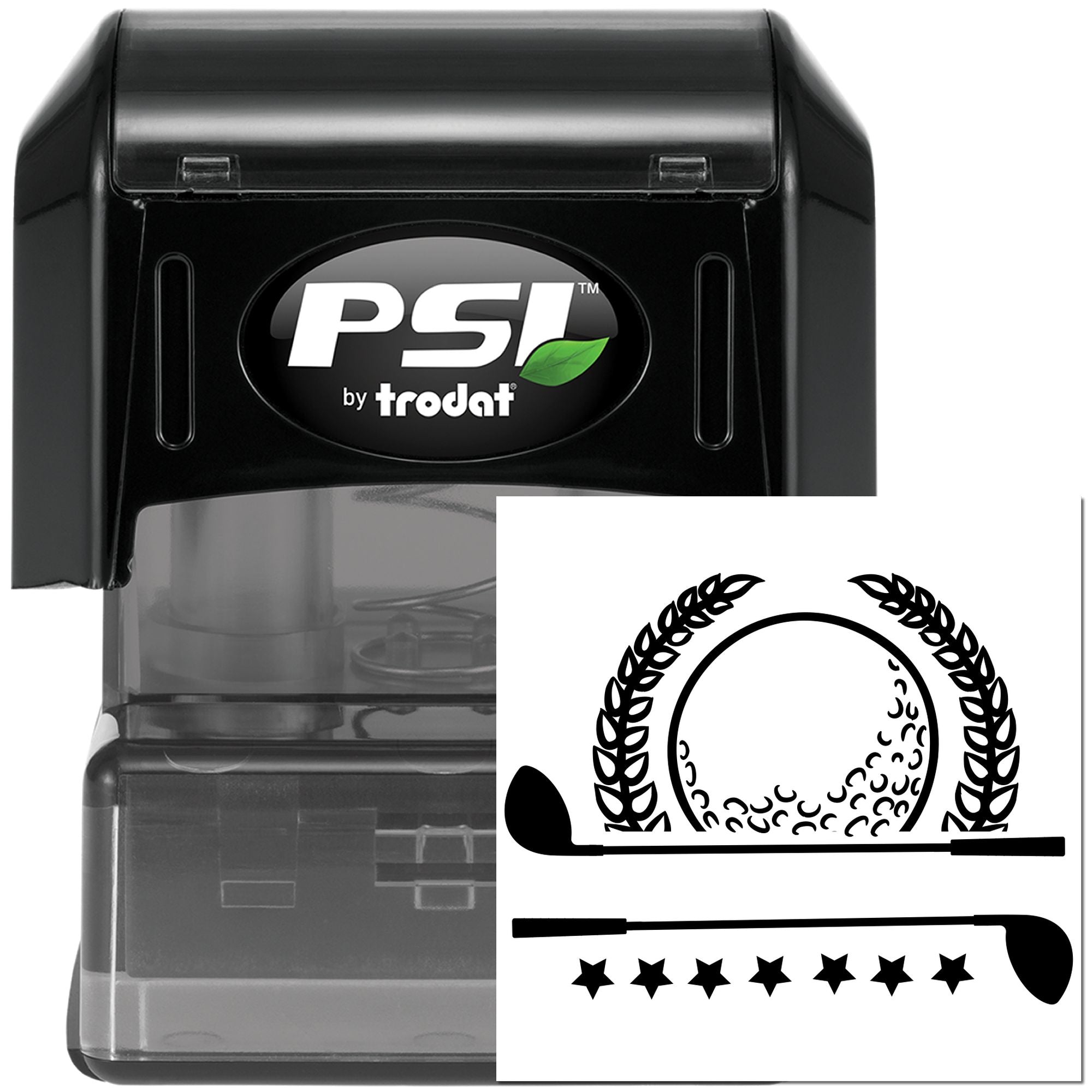PSI by Trodat self-inking golf rubber stamp with custom golfer, ball and club design for personalized sports branding.