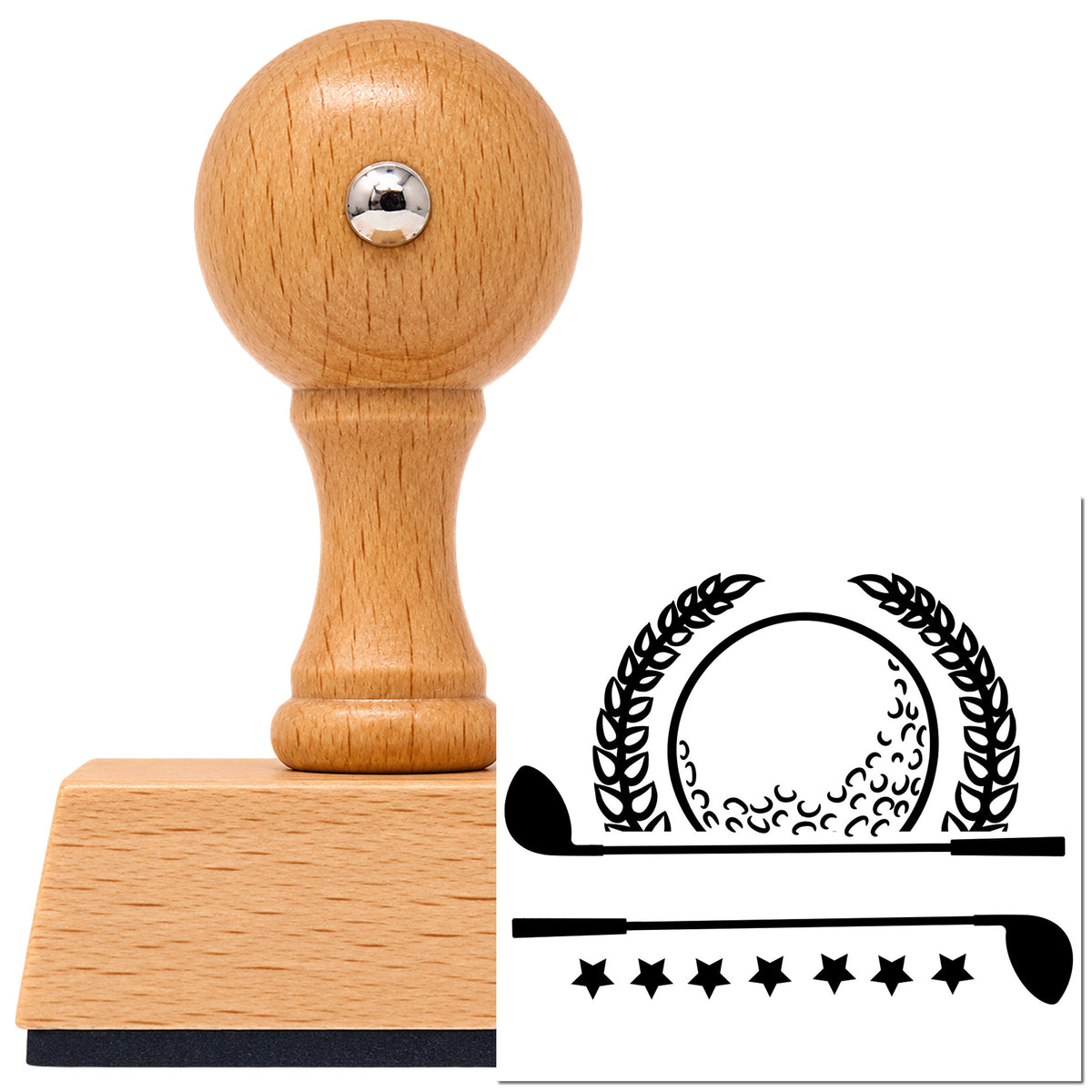 Golf Laurel Stars Banner Vintage Pro rubber stamp in European beech wood with a round knob handle, shown beside its black imprint.