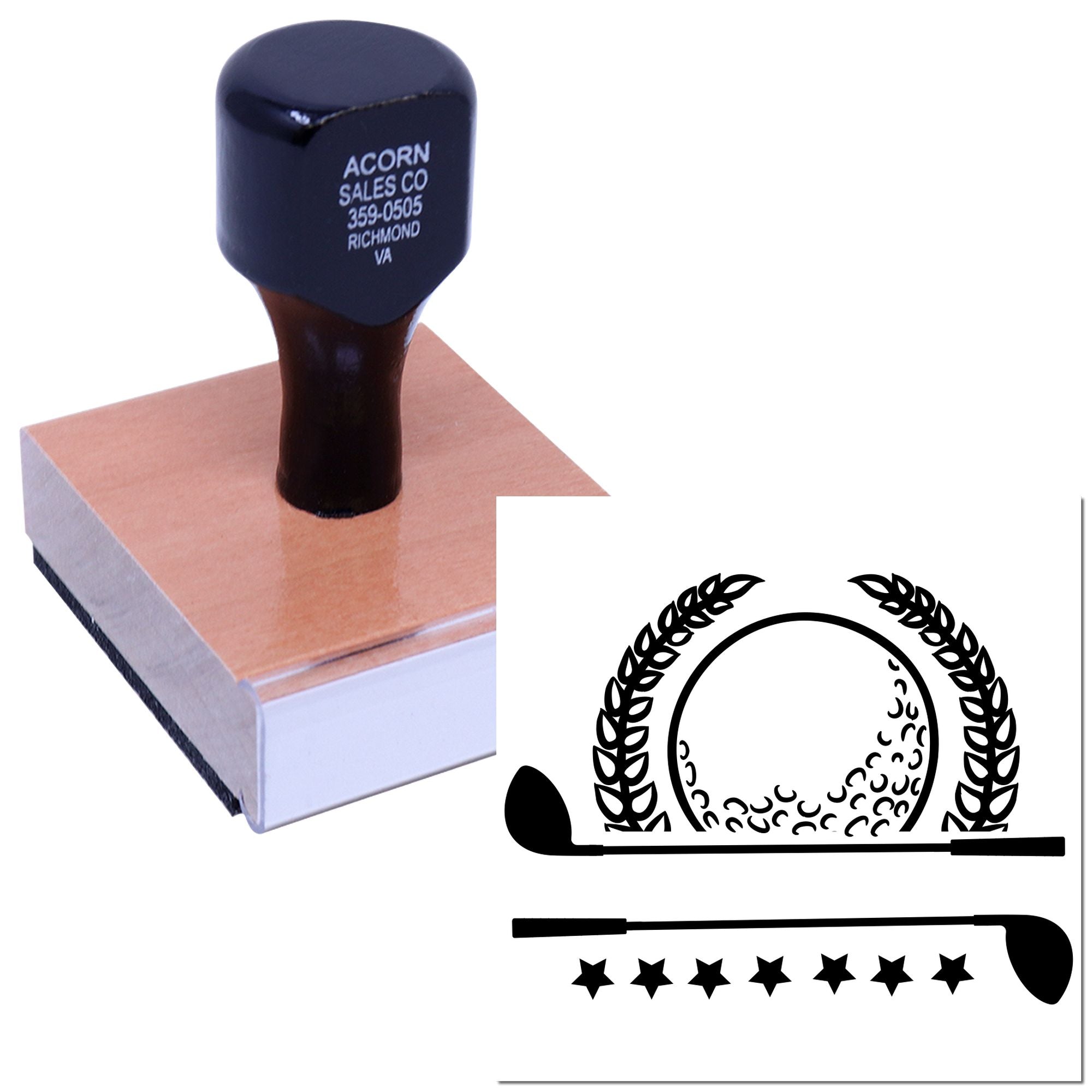 Custom golf rubber stamp with club and stars design, shown with self-inking stamp impression.