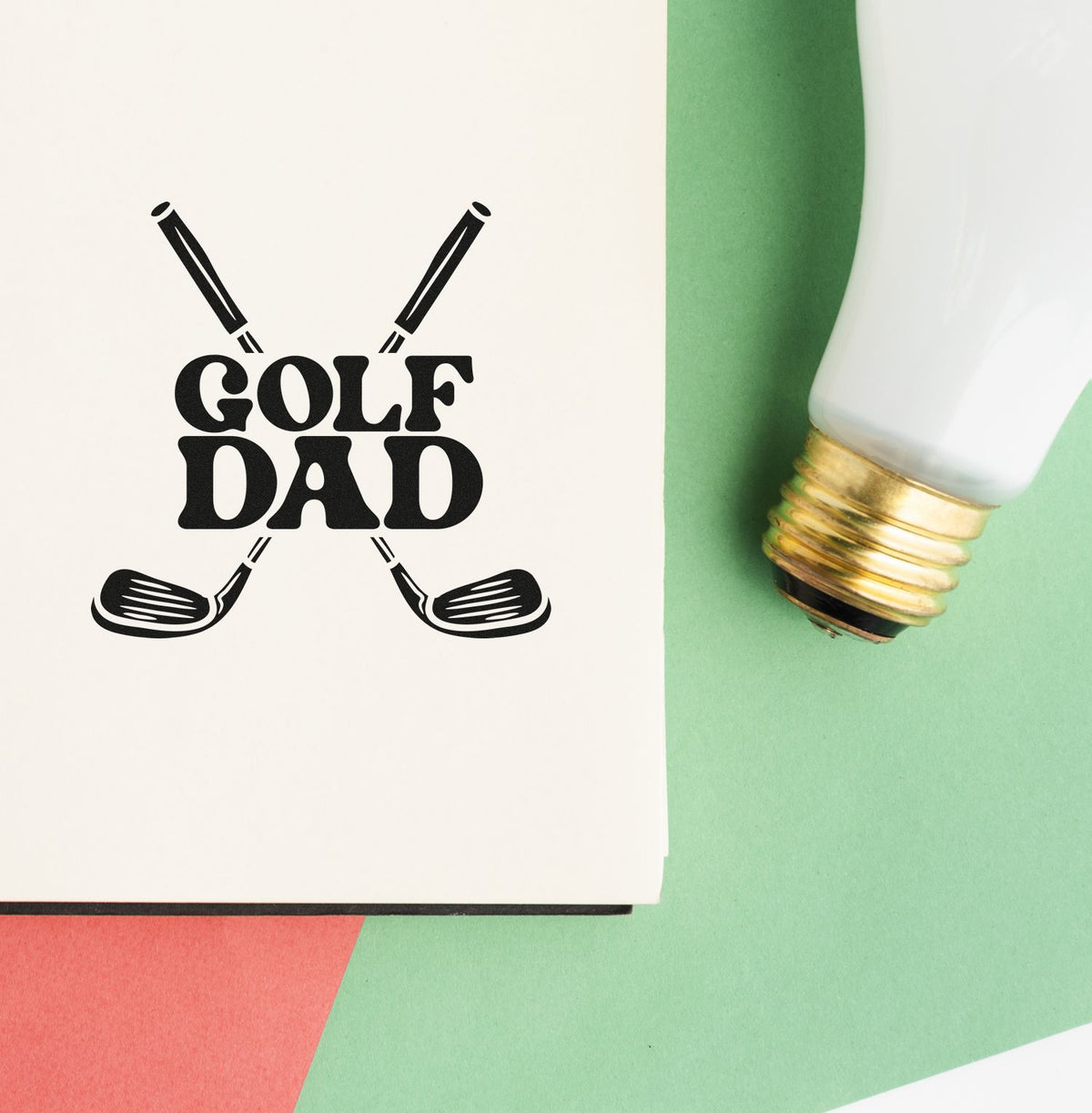 Custom Golf Dad rubber stamp impression for Fathers Day cards, packaging, and personalized stationery.