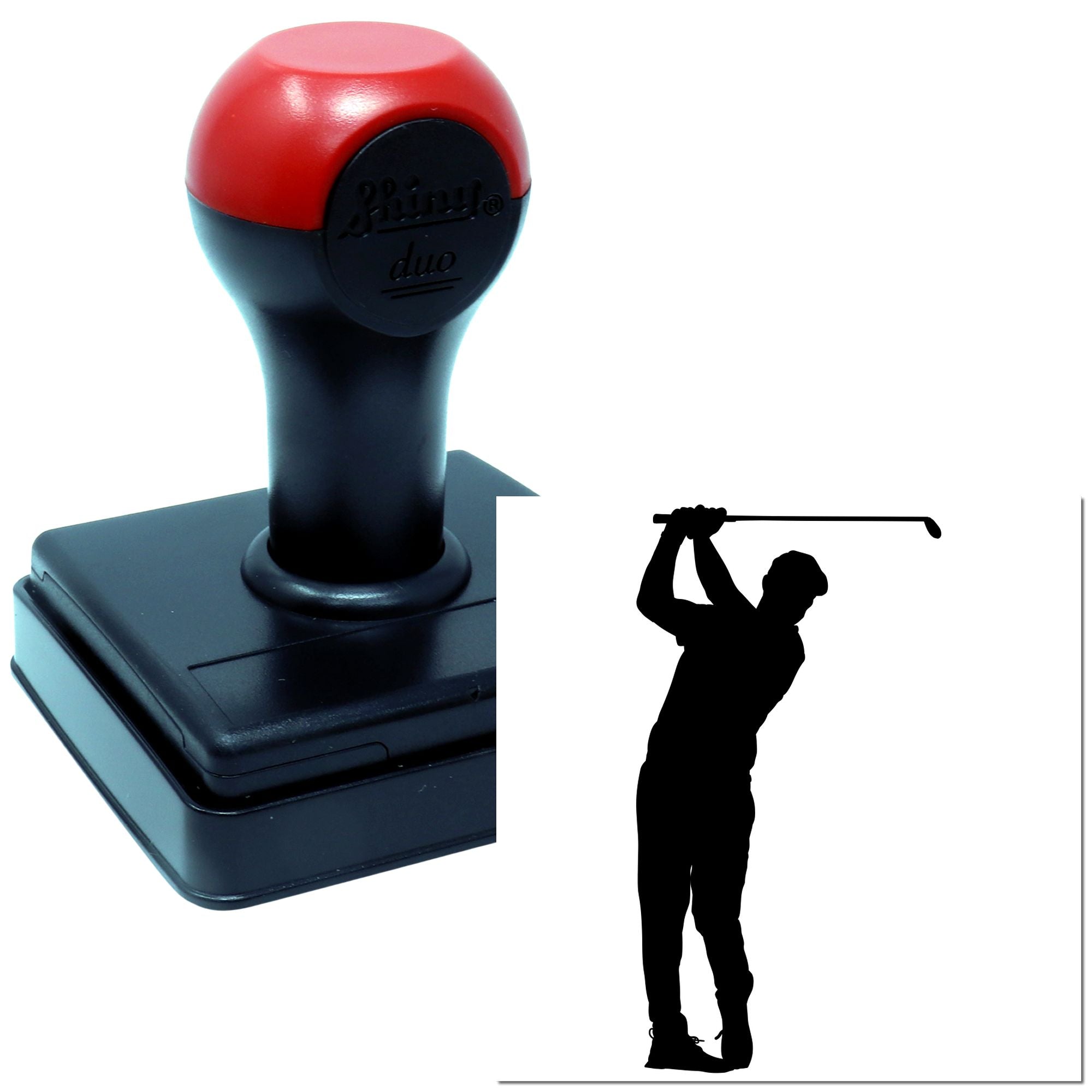 Golf swing rubber stamp with golfer silhouette, ideal for sports-themed crafting and custom stamping.