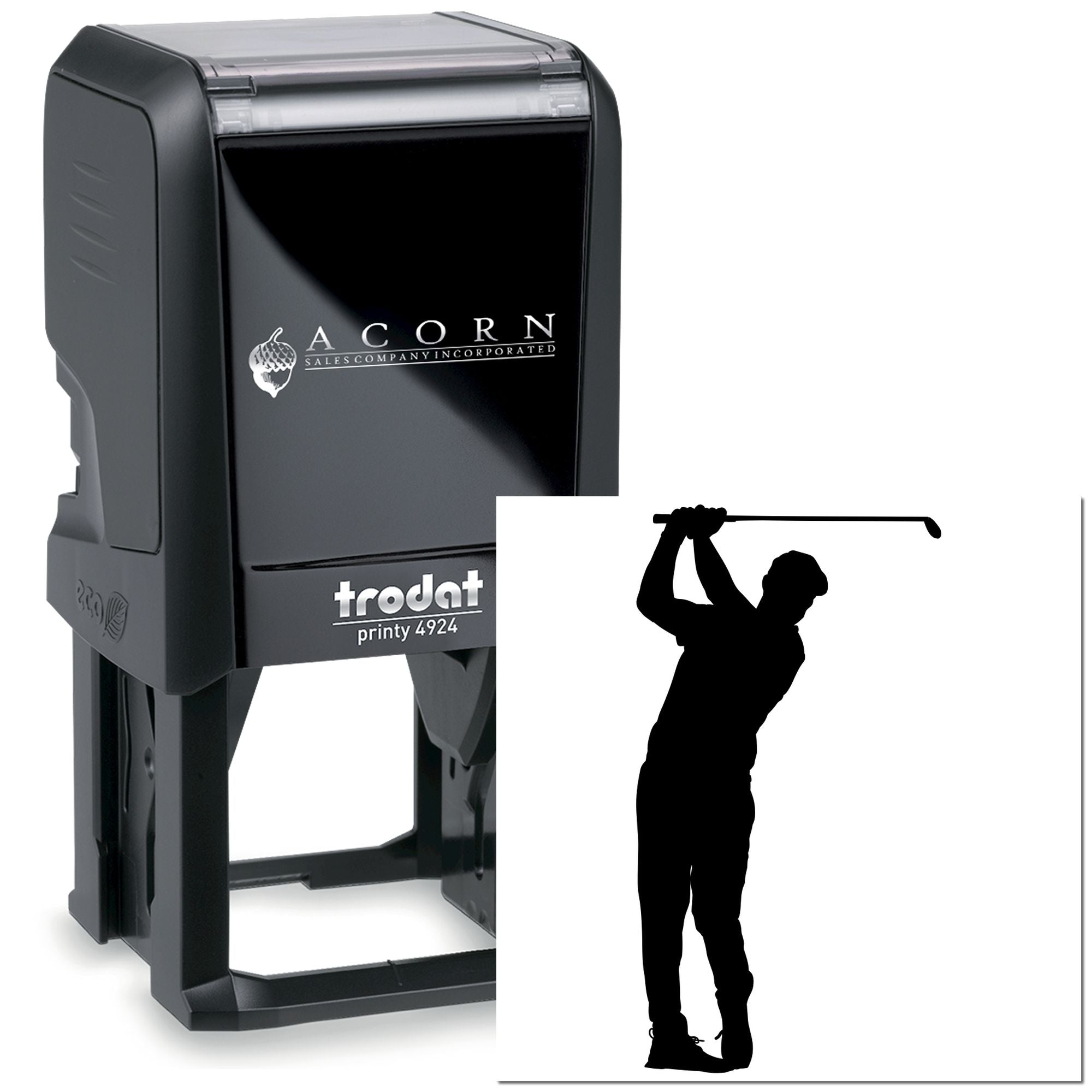 Custom golf swing self-inking rubber stamp, Trodat Printy 4924, ideal for personalized office branding.