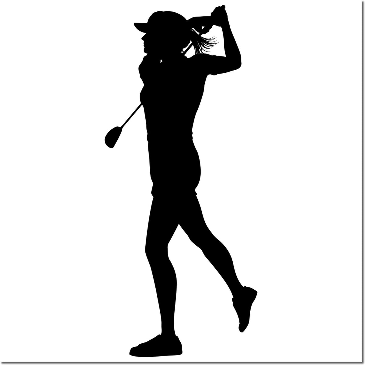 Female golfer silhouette rubber stamp design, standing with golf club in finish pose.