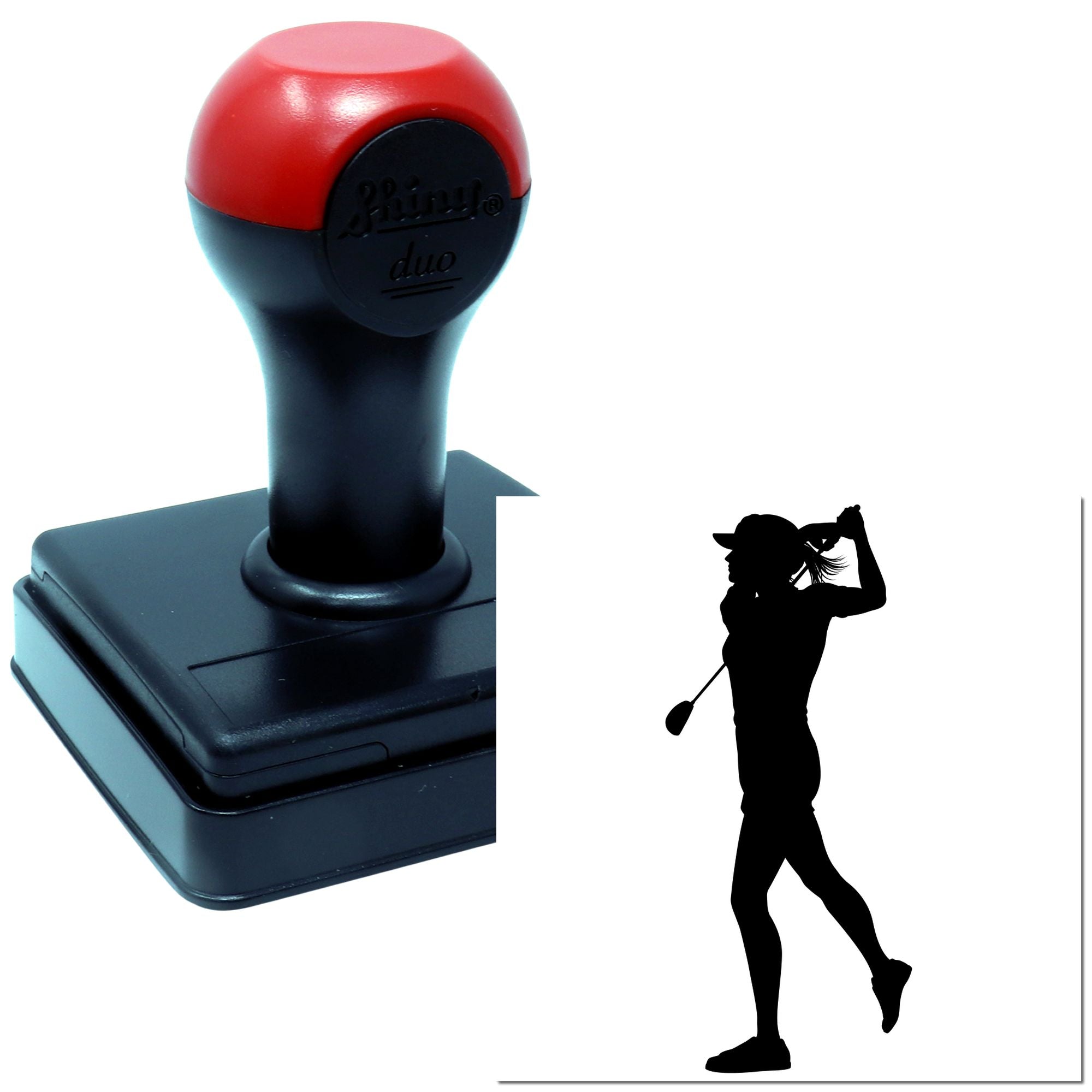 Custom self-inking rubber stamp featuring a golfer silhouette, perfect for sports-themed business or personal use.
