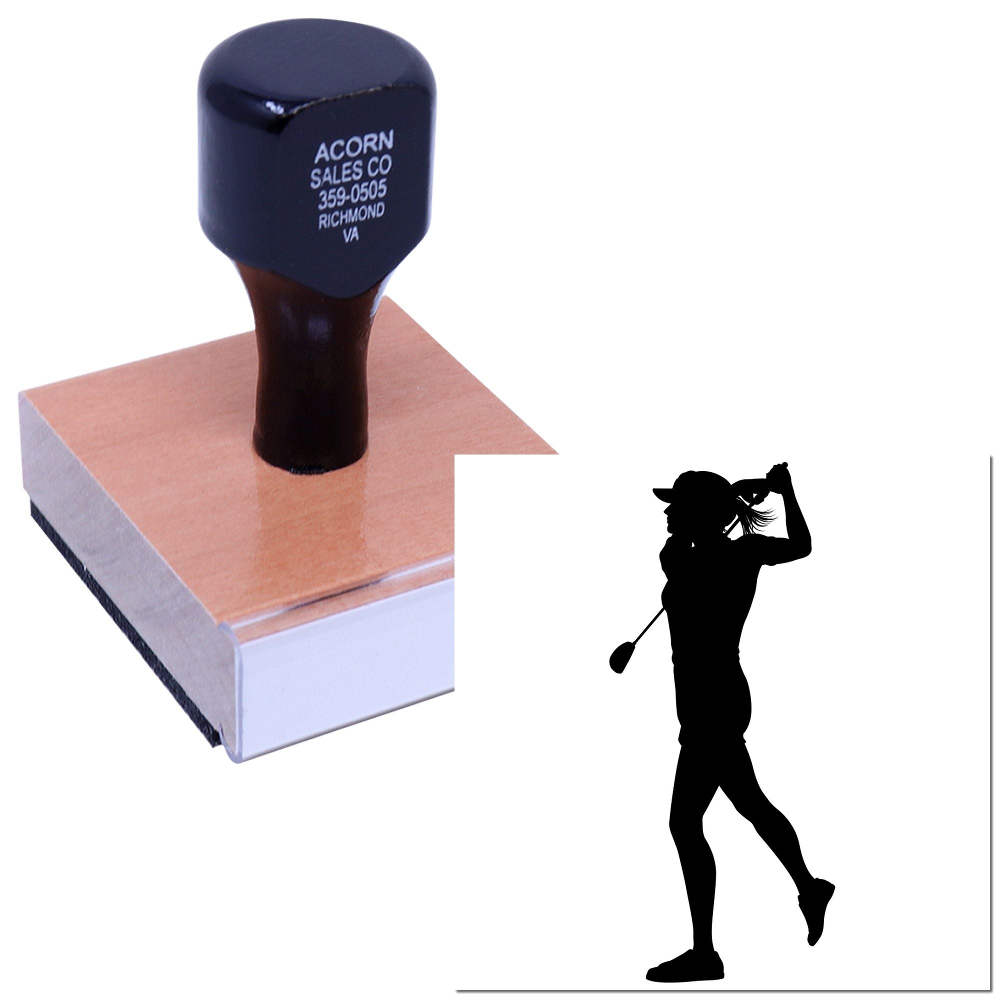 Custom female golfer silhouette rubber stamp with wood-mounted example for personalized sports branding.