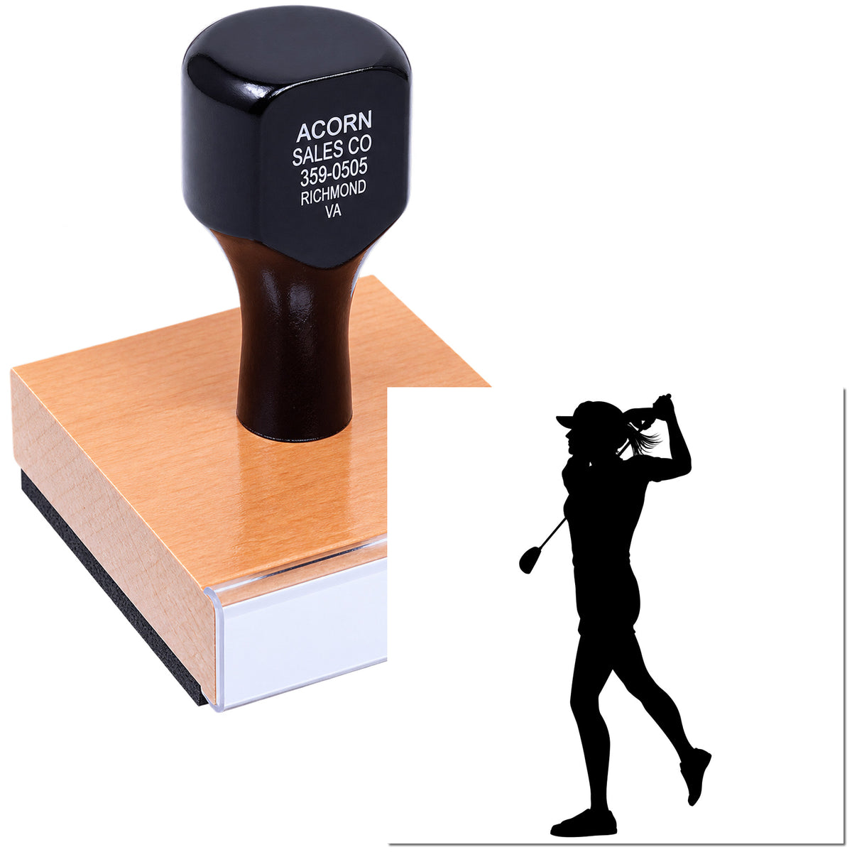 Custom female golfer silhouette rubber stamp with wood-mounted example for personalized sports branding.