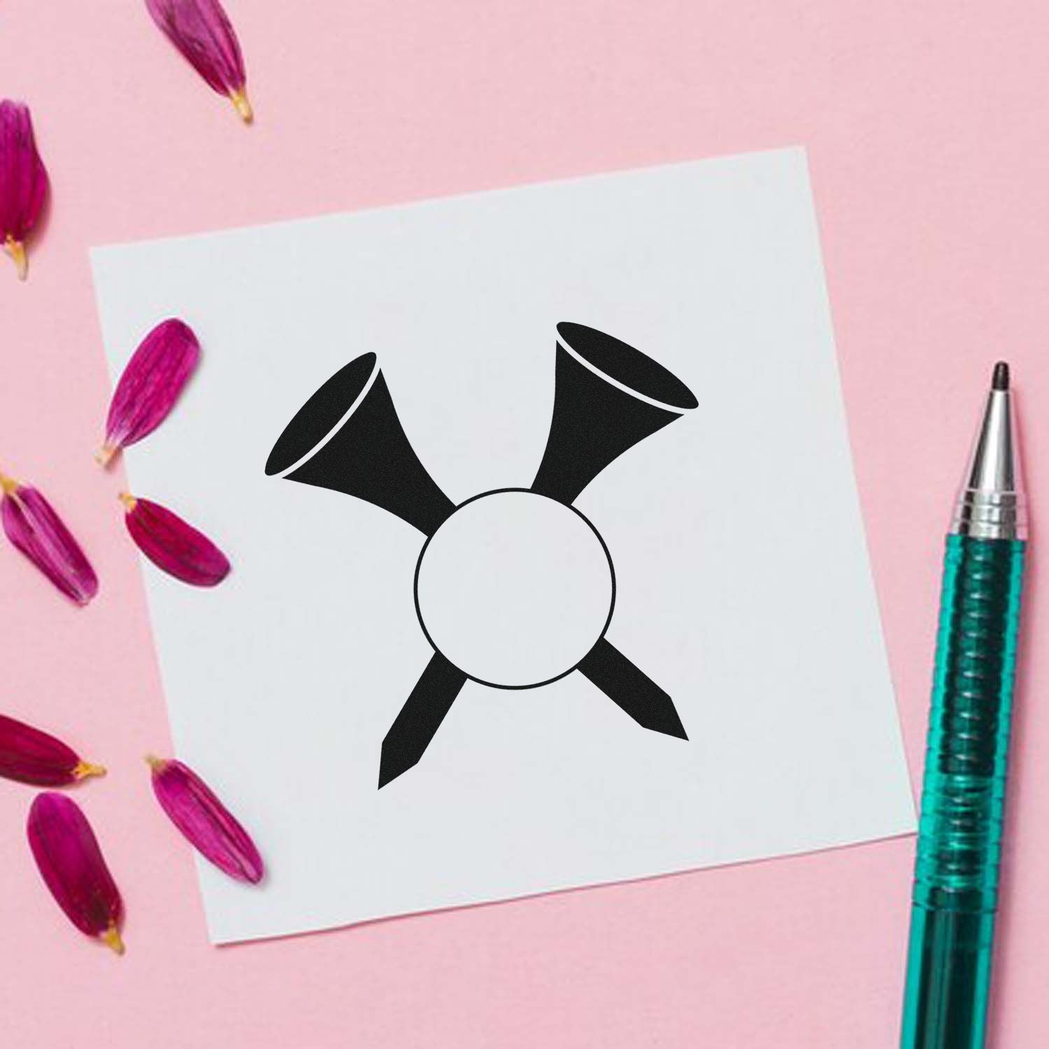 Custom rubber stamp logo mockup with abstract black emblem on white paper