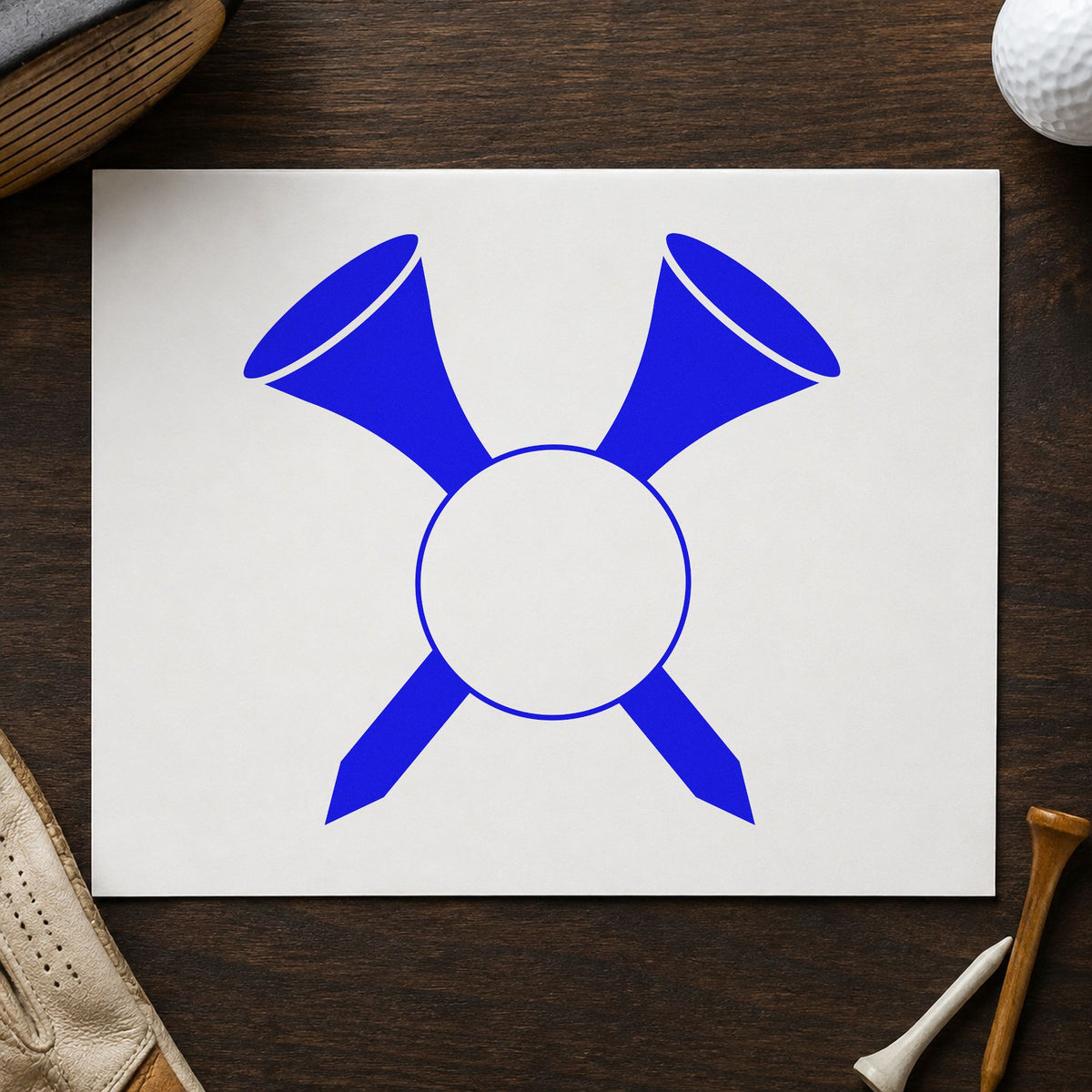 Crossed Golf Tees Ball craft stamp imprinted in blue ink on paper, a design suited to framed turning shop.