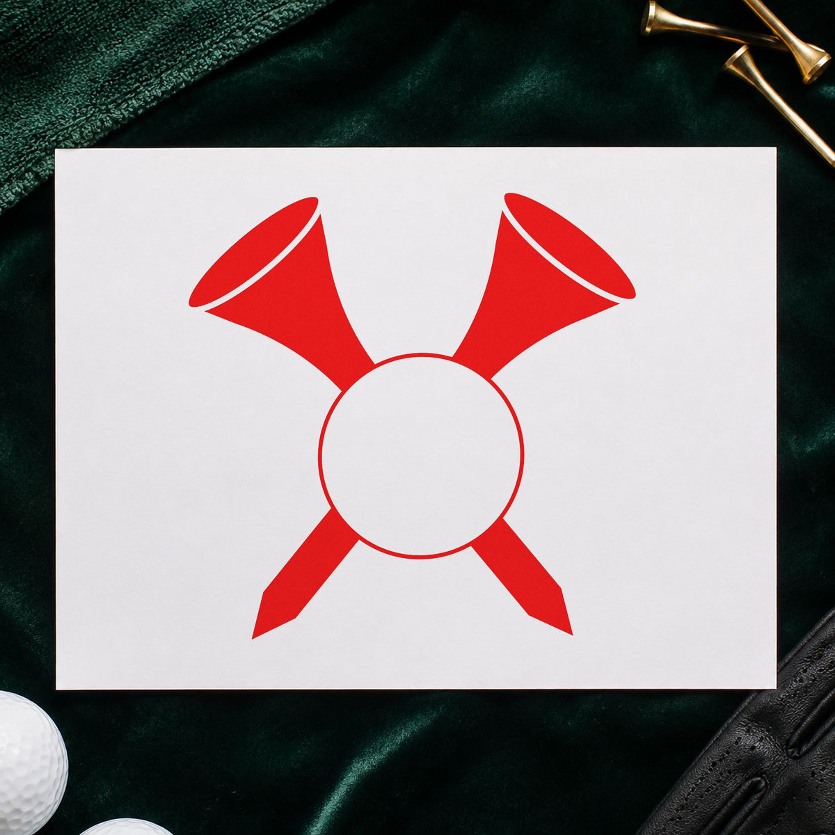 Crossed Golf Tees Ball craft stamp imprint in red ink on a handmade project, one idea being wood note cards.
