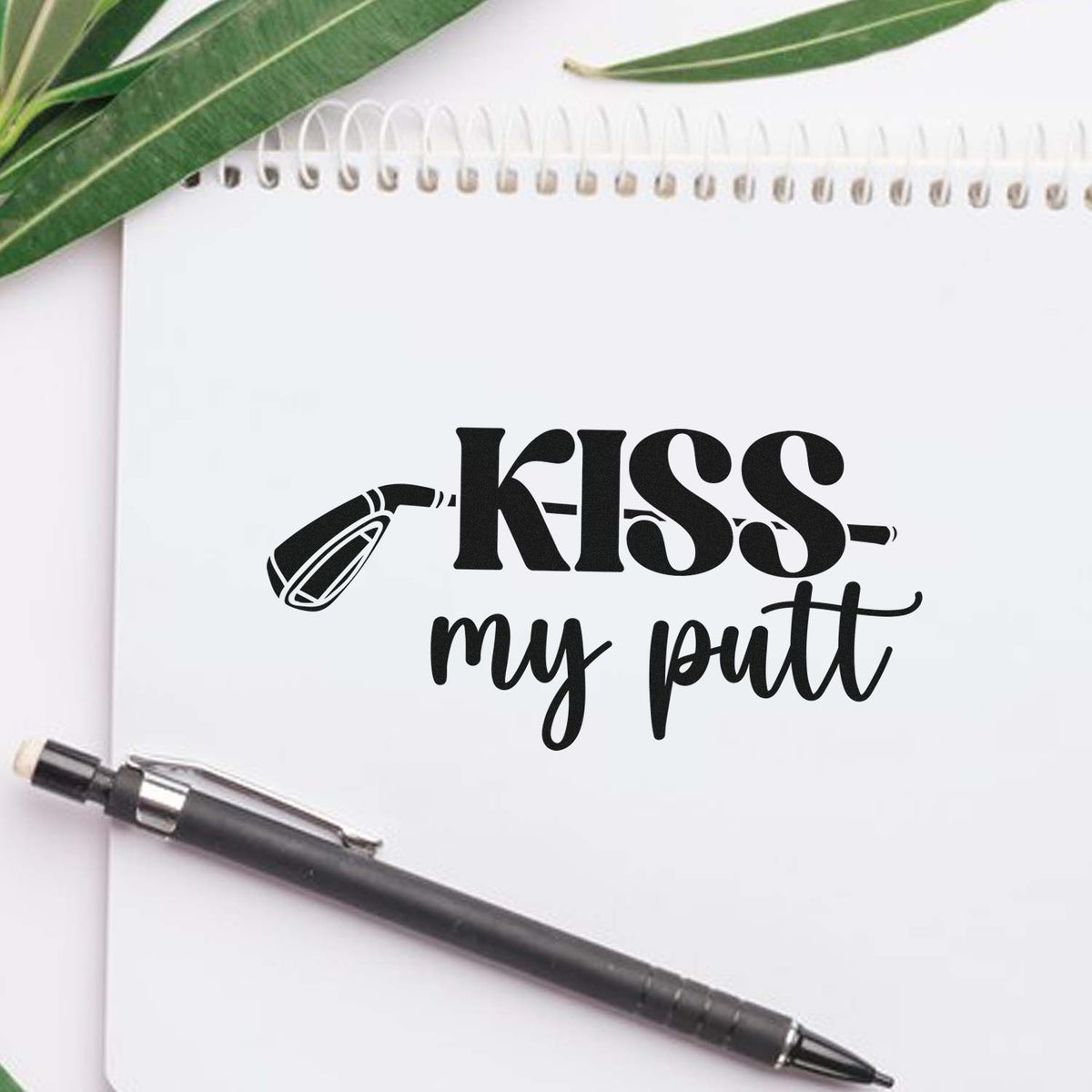 Custom golf rubber stamp with KISS my putt and golf club graphic for playful sports-themed stamping.