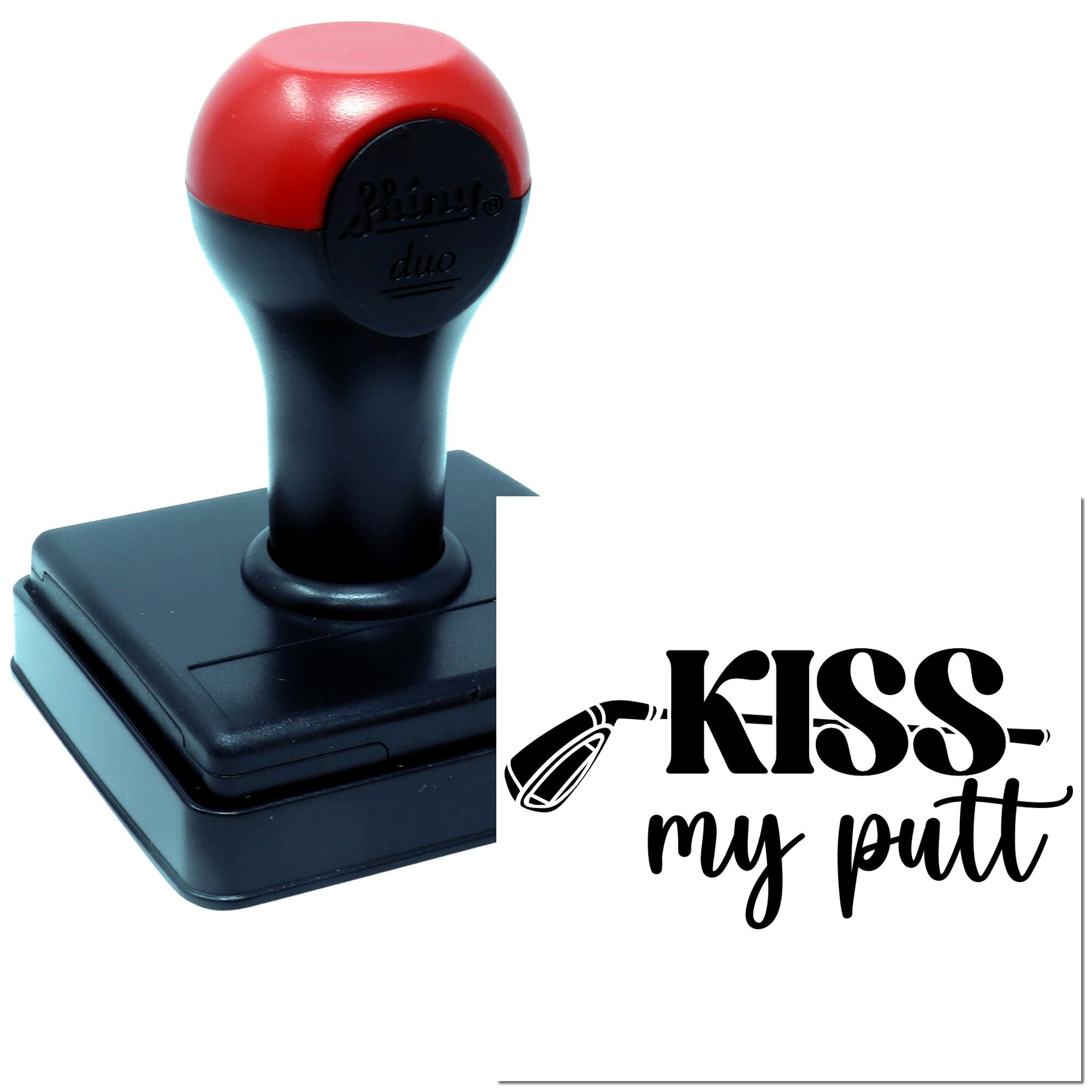 Custom self-inking rubber stamp with KISS my putt golf design for humorous golf gifts and club event stamping.